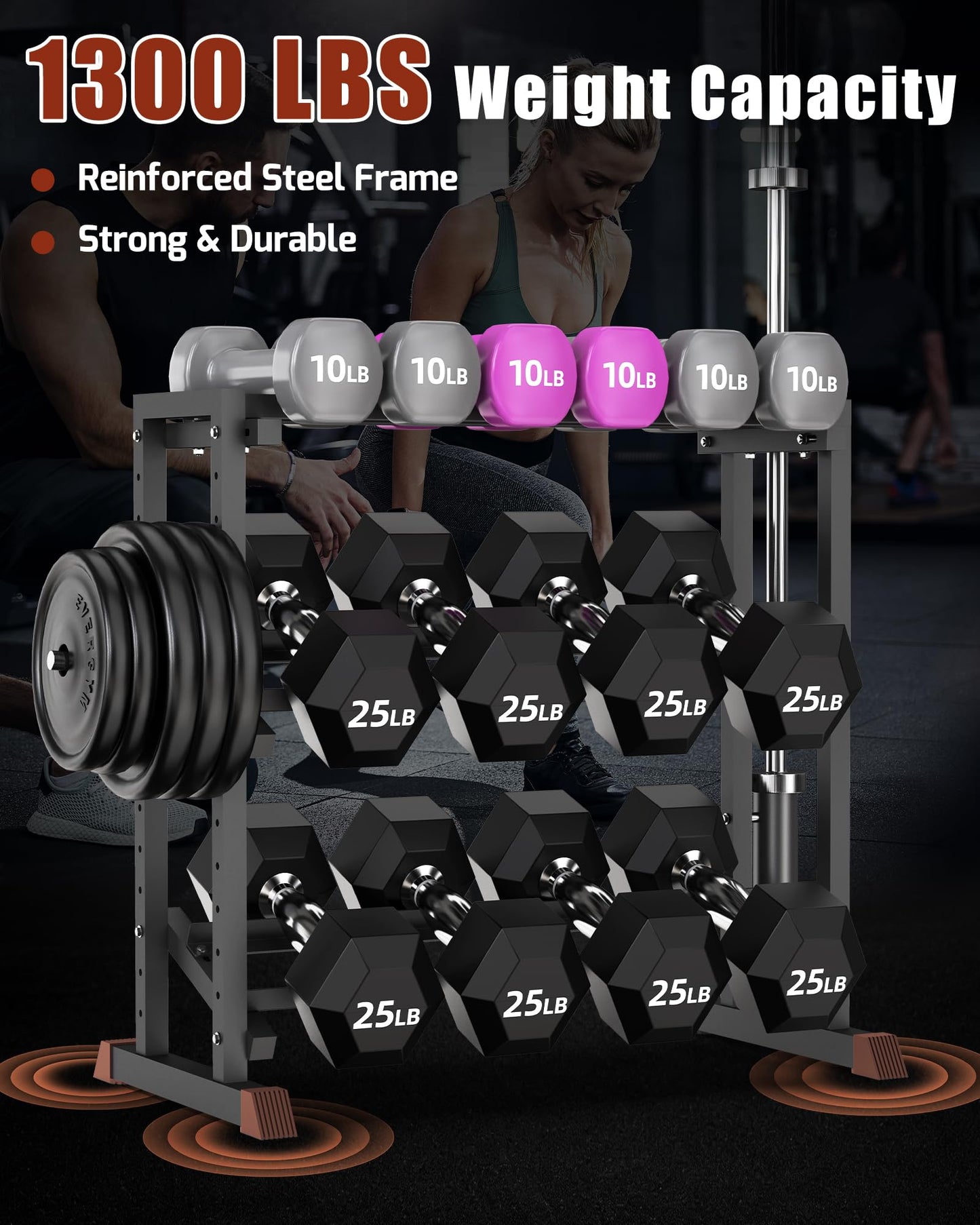 Adjustable Dumbbell Rack with Barbell & Weight Plate Holder, Supports Up to 1300LBS, Heavy Duty Multi-Function Home Gym Organizer, Floor-Friendly