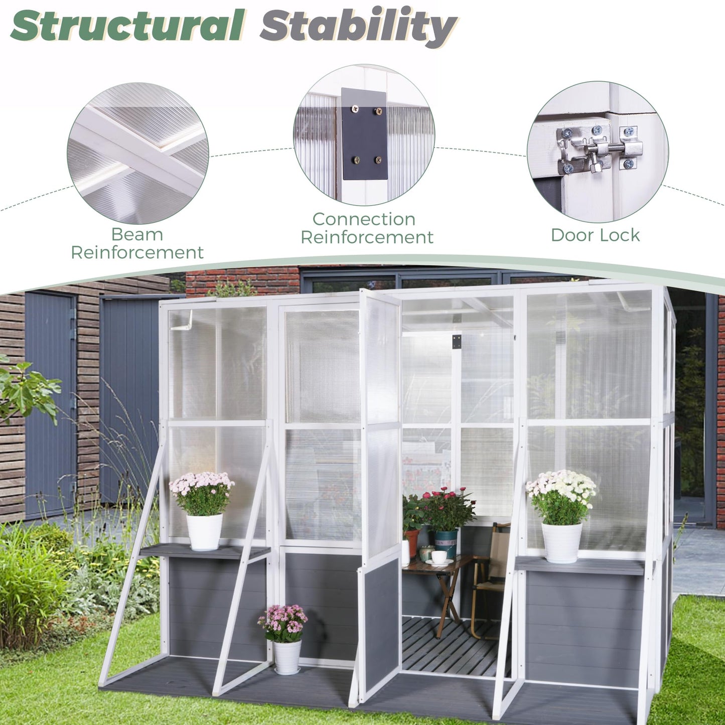 KEIKI Outdoor Polycarbonate Greenhouse Wooden Lean to Greenhouses, Heavy Duty Walk-in Green House w/ Triangular Support, Adjustable Roof & Shelves, Large Hot House for Sunroom Storage Shed, Garden