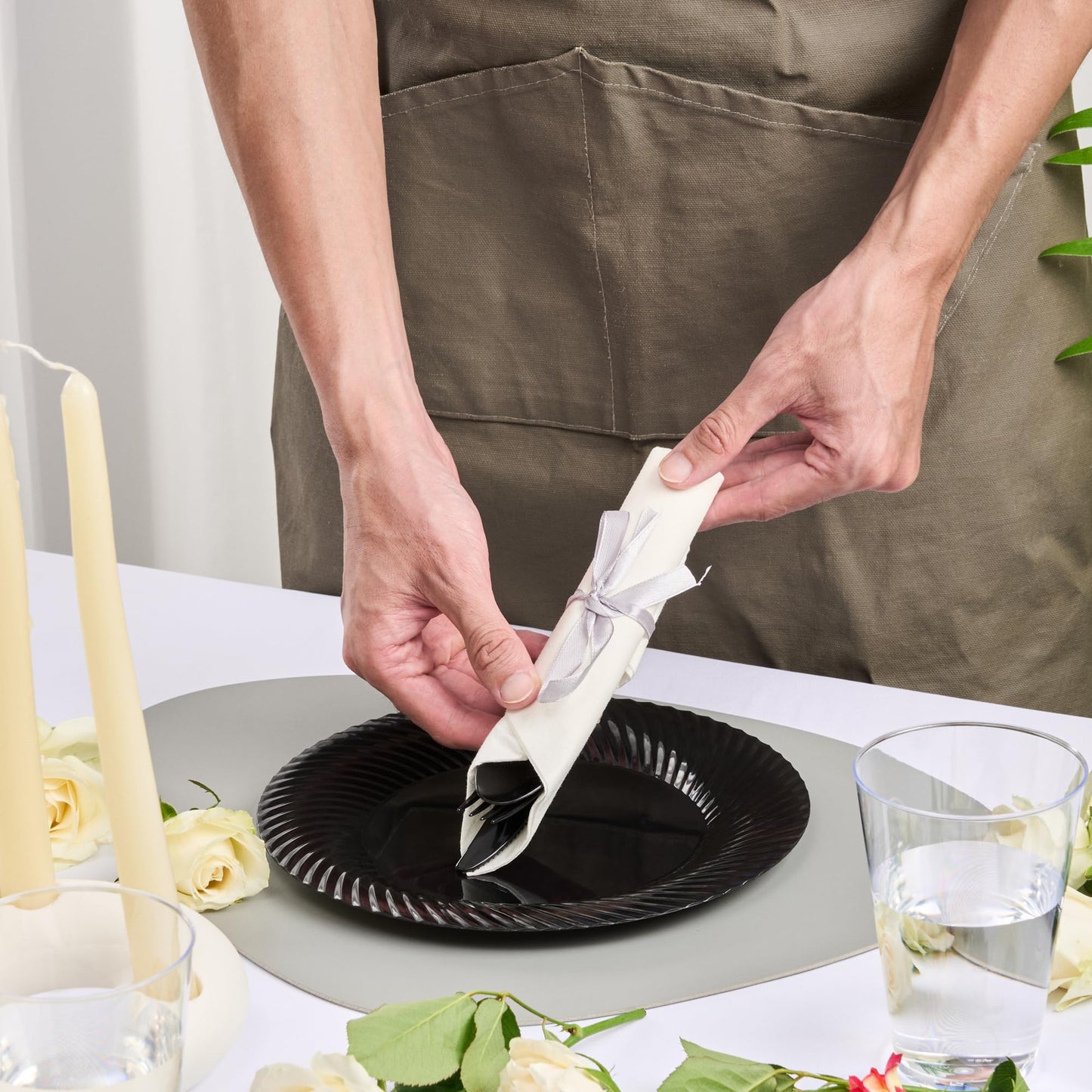 Restaurantware-7.3 Inch x 2 Inch Plastic Cutlery Sets, 100 Plastic Flatware Sets - Silver Ribbon, With White Napkin, Indivudally Wrapped, Black Plastic Disposable Cutlery Sets, For Weddings And Events