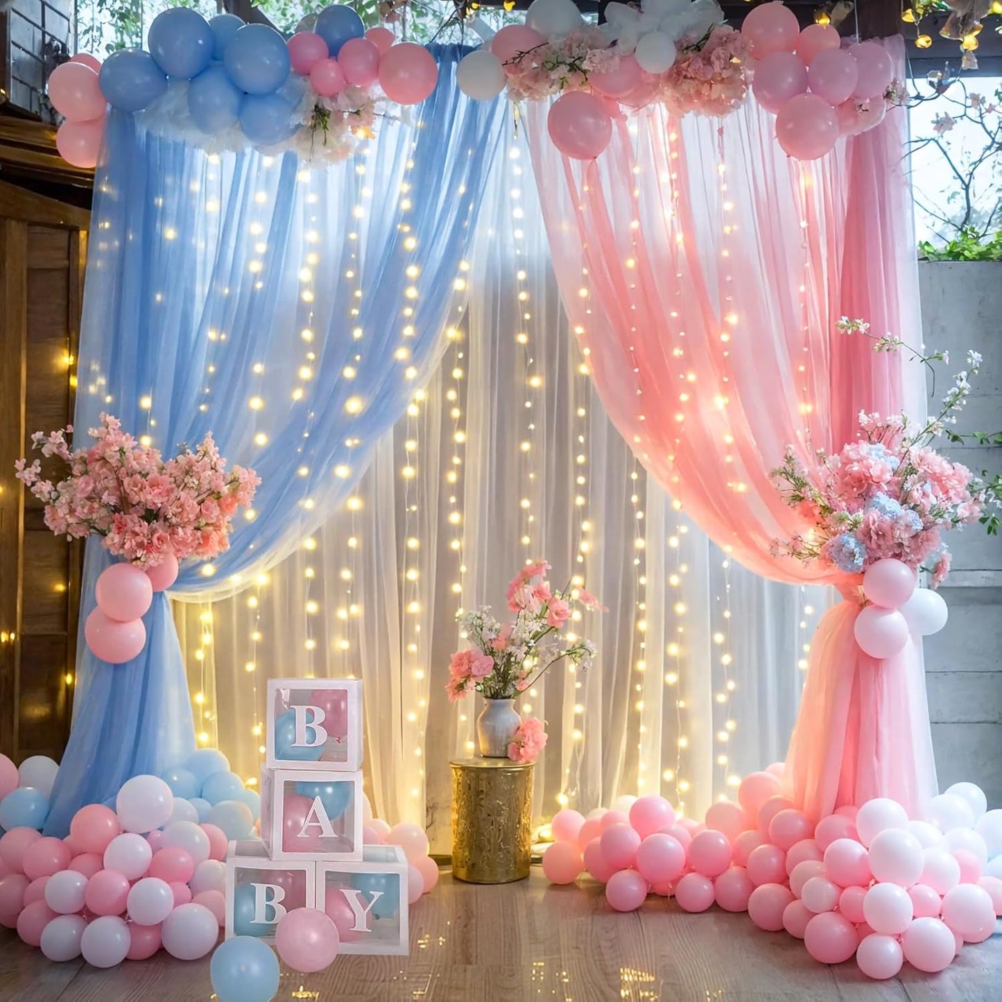 Suppromo 2 58ft Pink Blue Sheer Tulle Backdrop Curtains with Lights String for Gender Reveal Baby Shower Decorations