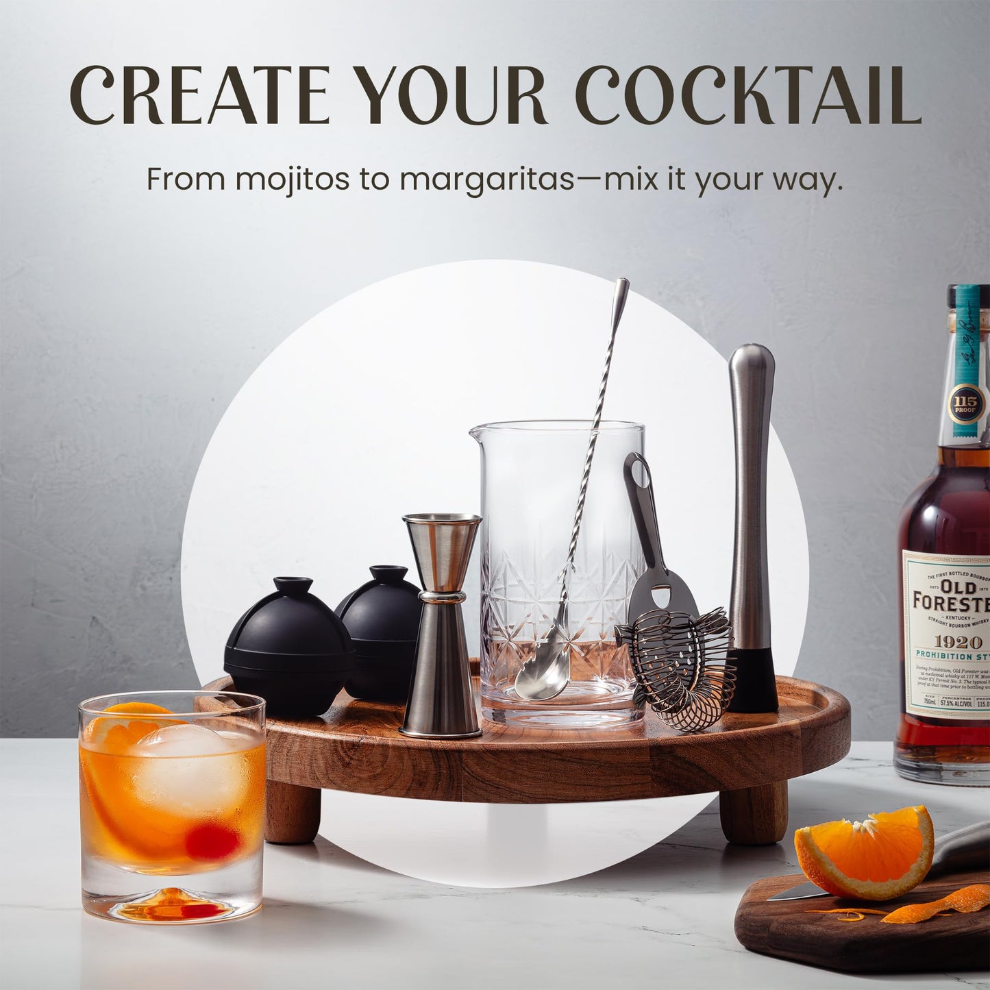 Mixology & Craft Commercial Grade Bar Mixing Glass – Includes 24oz Crystal Stirring Glass, Japanese Jigger, Bar Spoon, Muddler, and Hawthorne Strainer for Crafting Old Fashioned Cocktails at Home Bars
