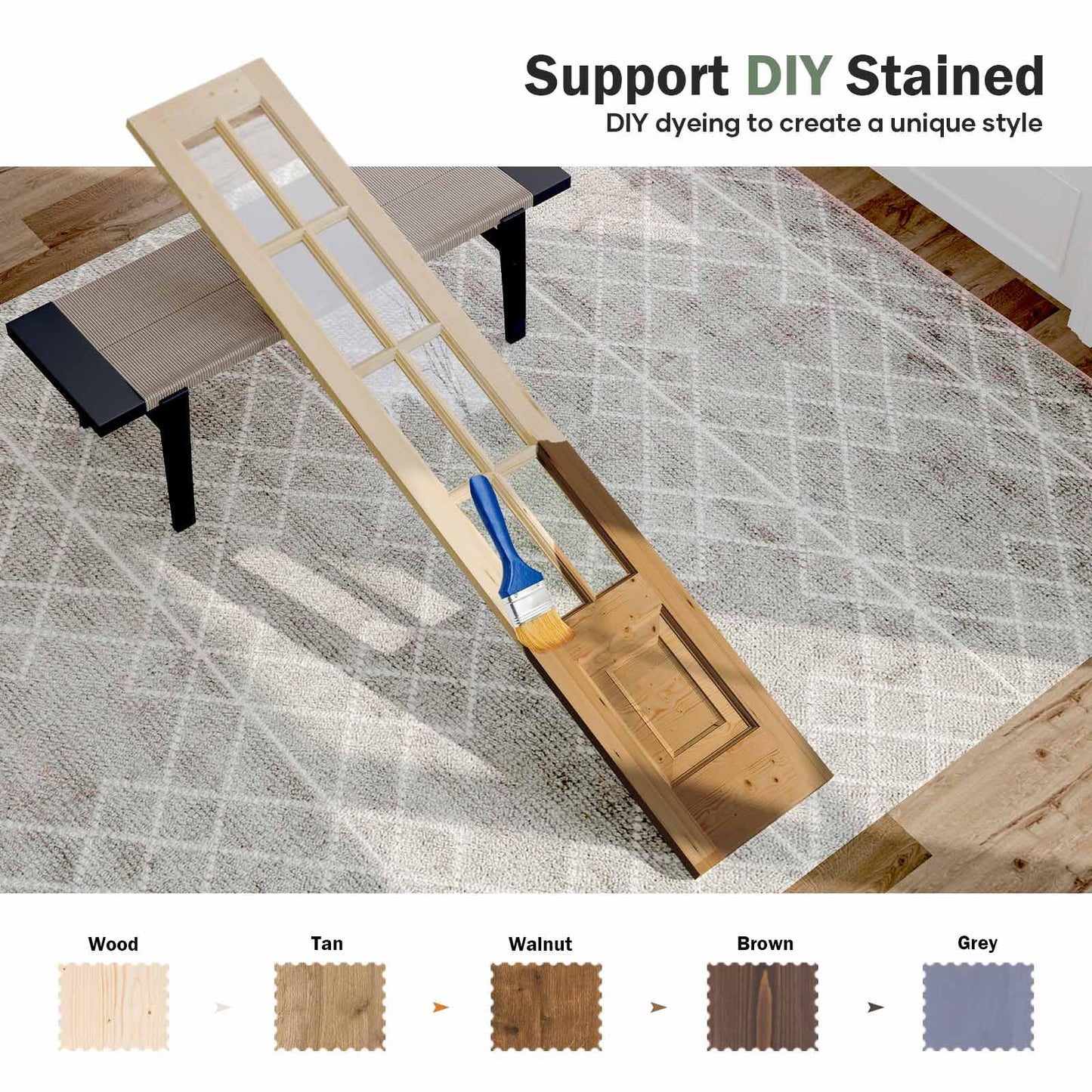 Roymelo Preassembled 30x84 (Double 15x84) Inch Clear Glass French Interior Door with 5.5Ft Barn Door Hardware Kit Included, Spruce Wood Support DIY Dyeing, Easy Assembly，Save time
