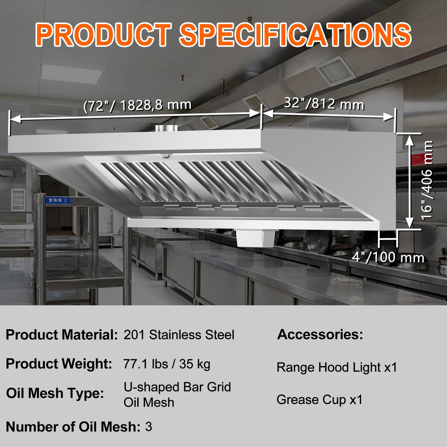 Food Truck Low Profile Exhaust Hood System Includes a 6FT Stainless Steel Commercial Exhaust Hood and an 0.5HP Restaurant Canopy Hood Grease Rated Exhaust Fan