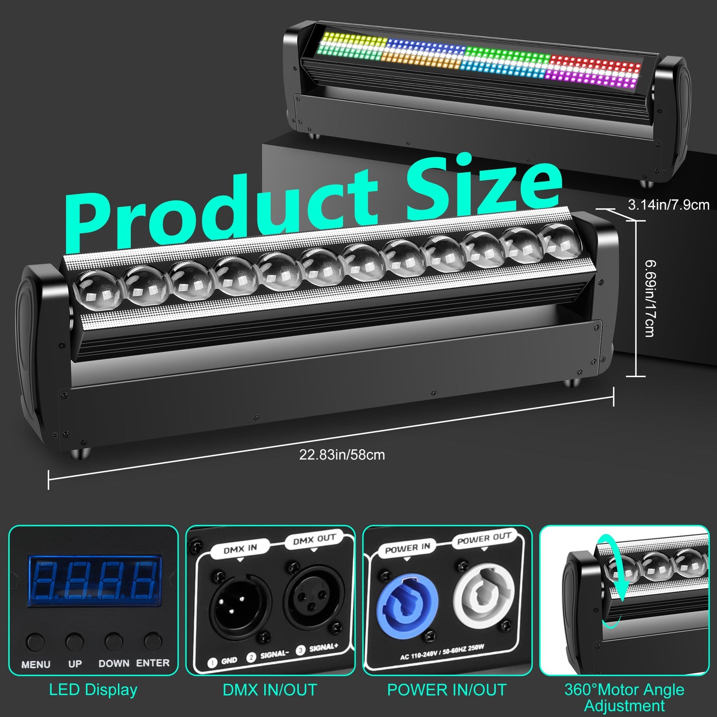 ENDYSHOW Moving Head DJ Light Bar,250W 4IN1 RGBW Wash&Strobe Light Bar 360° Double-Sided Moving Head Stage Lights with DMX512/Sound/RDM Professional DJ Uplights for Party Wedding Band Gig Disco 1Pack