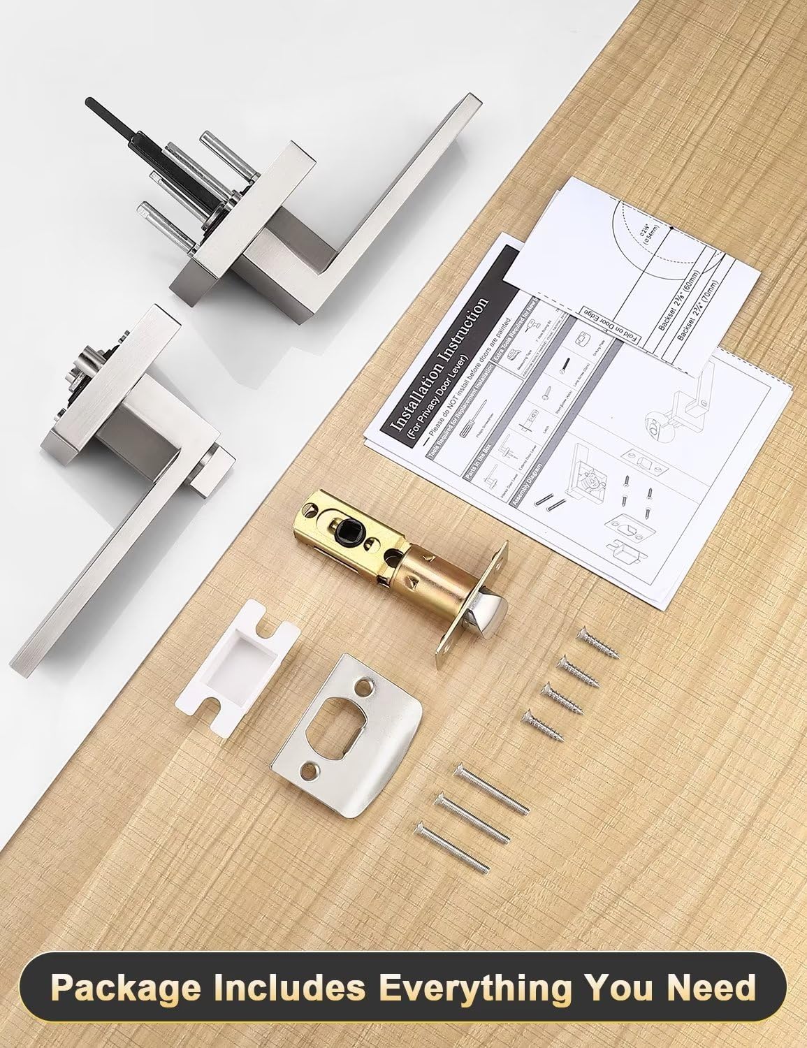 Tinewa 10 Pack Privacy Square Brushed Nickel Door Handles Interior, Keyless Door Knobs for Bedroom/Bathroom, Reversible for Left Right Handed Doors