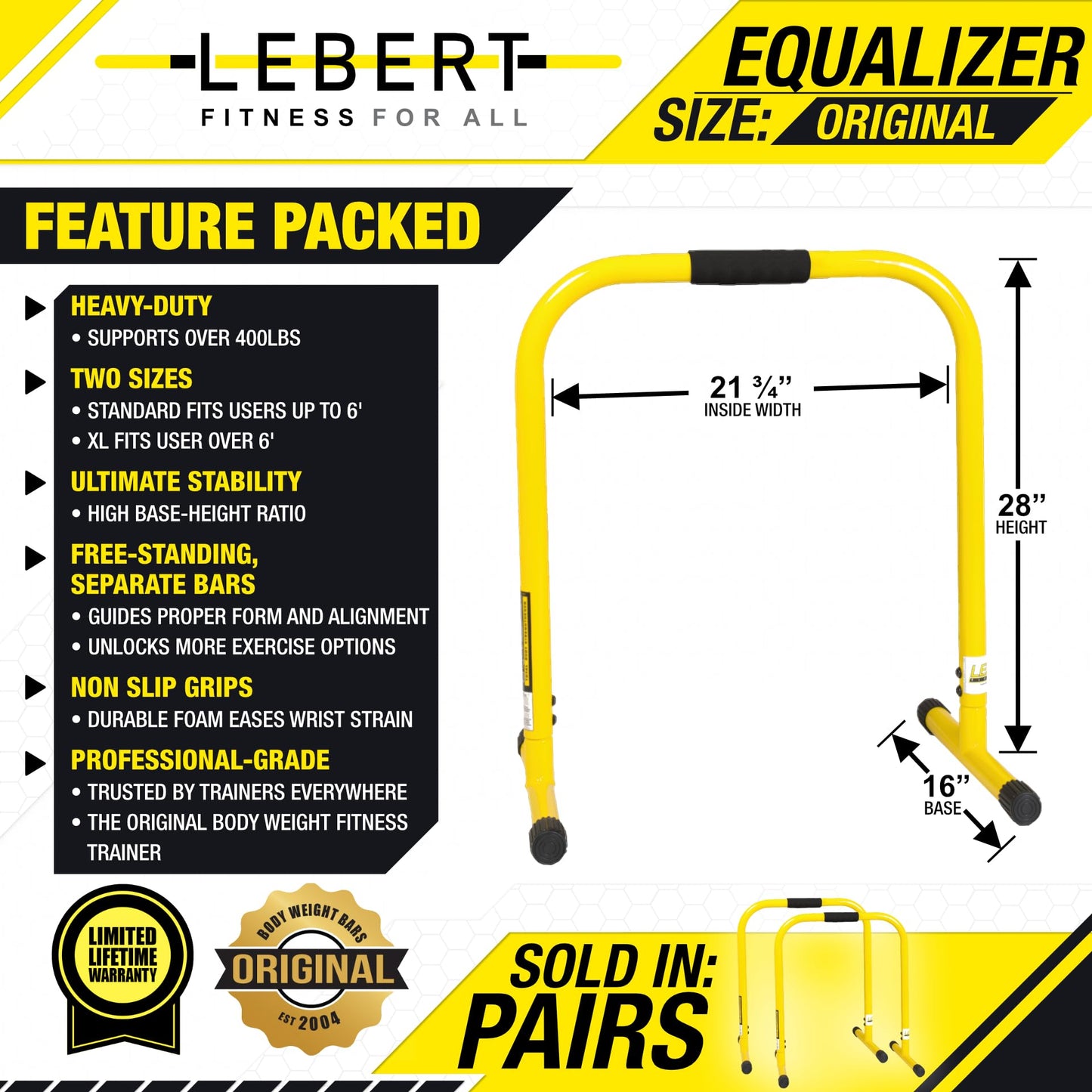 Lebert Fitness Dip Bar Stand - Original EQualizer Total Body Strengthener Pull Up Bar Home Gym Exercise Equipment Dipping Station - Hip Resistance Band, Workout Guide and Online Group - Yellow