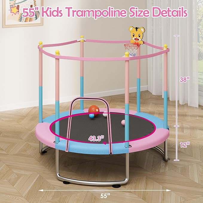 Kids Trampoline with Safety Net – 440lbs Capacity, Upgraded Rust-Proof Ring Legs, Adjustable Gymnastics Bar & Toys – Indoor Outdoor Toddler Trampoline for Boys & Girls Ages 1-8
