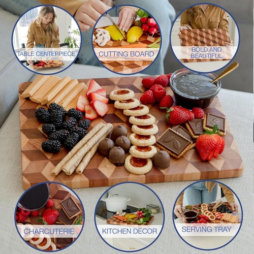 End Grain Wooden Cutting Board for Kitchen 15"x 11" - Walnut Hardwood Chopping Block with Non Slip Grips - Ideal for Charcuterie & Meat Butcher - Handmade 3D Design Wood (0.75" Thick, Large)