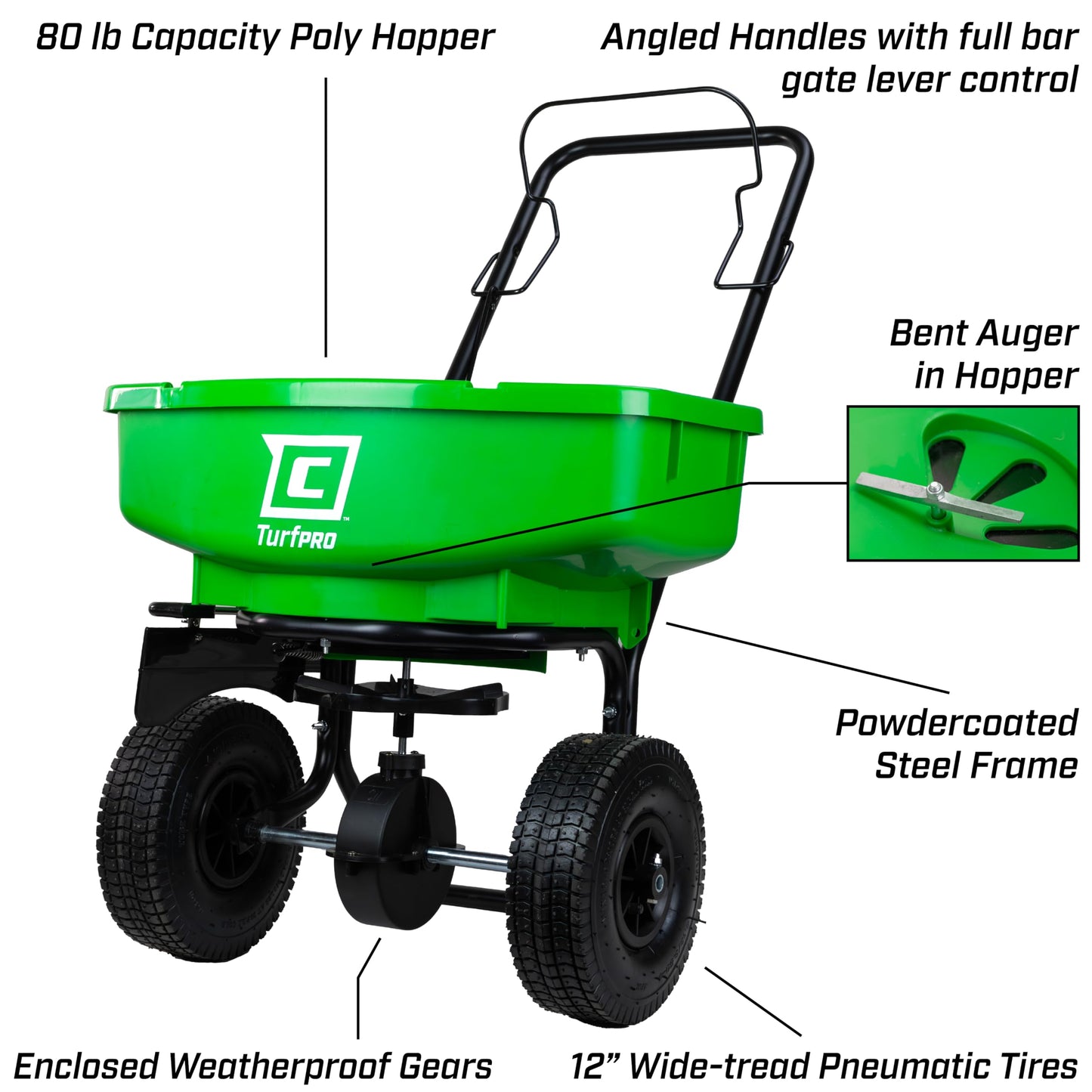 Chapin 89000A Spreader, Lawn and Garden, 80Lbs, TurfPro, Broadcast, Push, Walk Behind, 10" Tires, Weather-Proof, Poly Hopper, Pull-Bar Lever with 15 Setting Gate, Spreads Fertilizer and Seeds