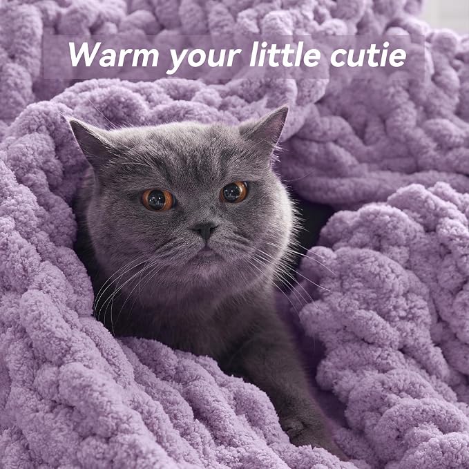 Negwoo Chunky Knit Throw Blanket, 60''*80'' Knitted Throw Chenille Yarn for Bed Couch, Handmade Light Purple Crochet Big Thick Blanket, Machine Washable Cute Comfy Blanket for Home Decor