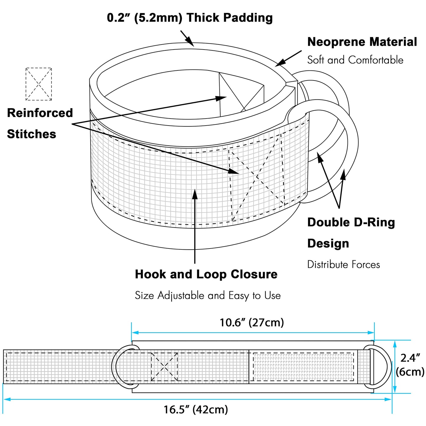 Techion 1 Pair of Fitness Ankle Straps for Cable Machine - Double D-Ring, Adjustable Comfort fit Neoprene - for Men and Women - Black