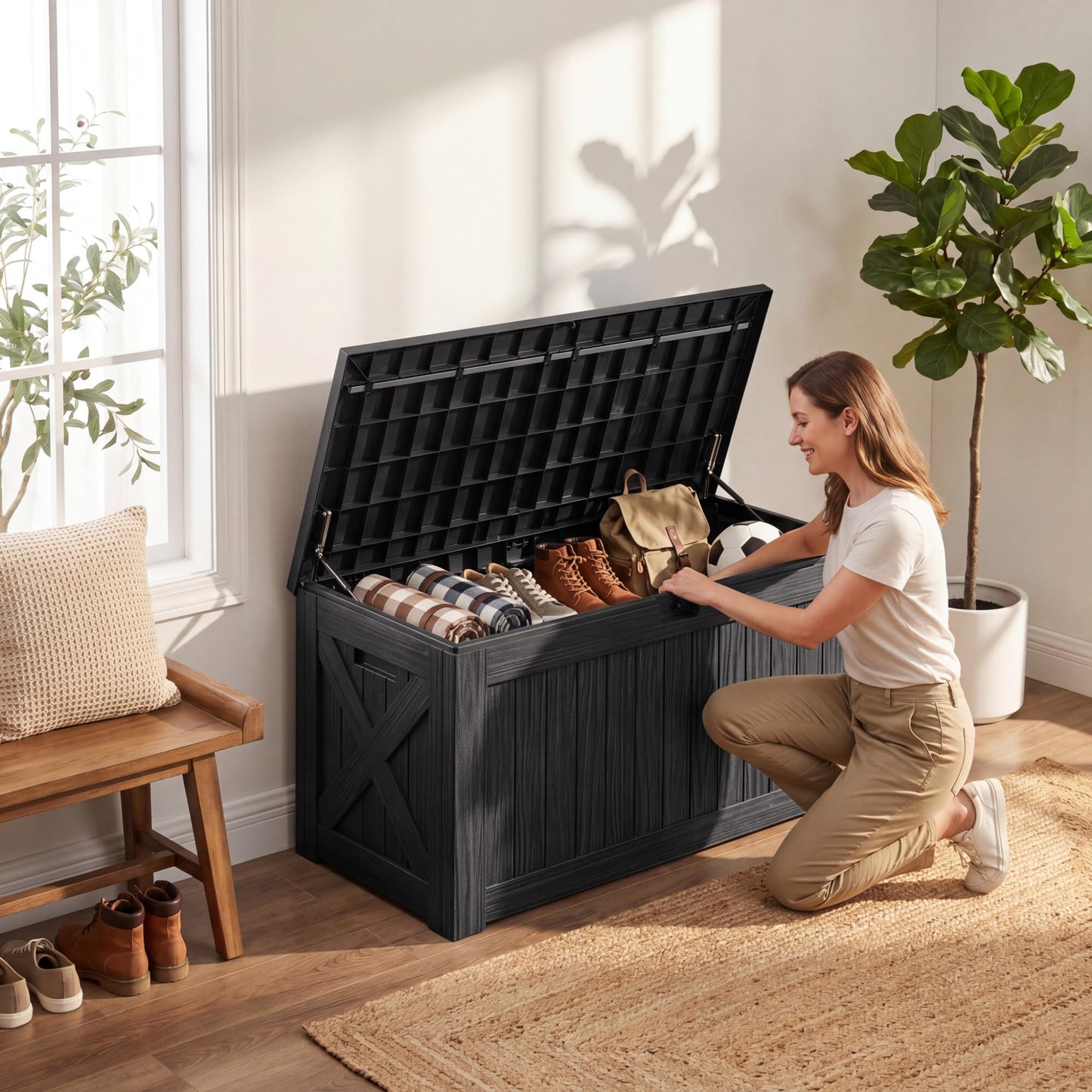 Flamaker Resin Deck Box 120 Gallon Waterproof Large Outdoor Indoor Storage Box Imitation Wood Resin for Patio Furniture Garden Tools and Pool (Black)