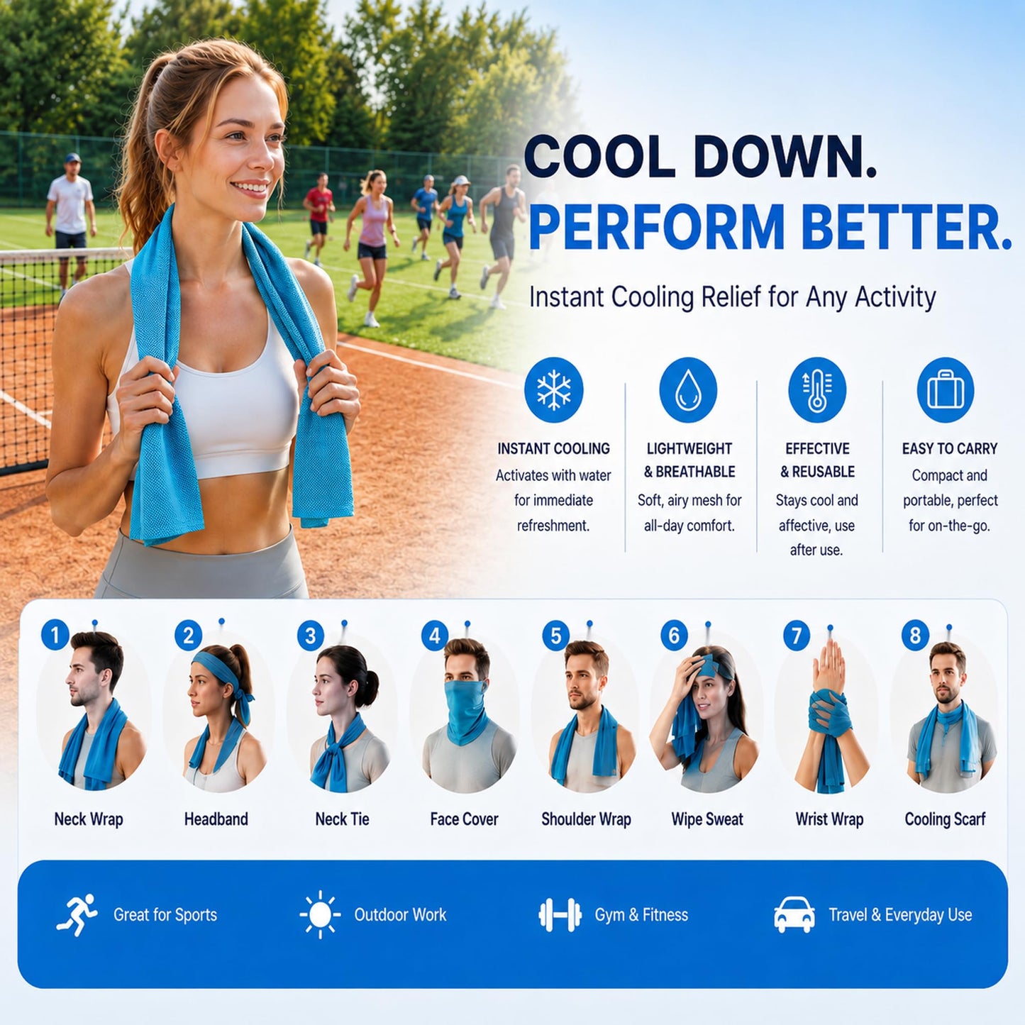 HiFisto 4 Pack Cooling Towels for Neck and Face, Sweat Ice Towels for Gym, Soccer Accessories for Game Day, Workout, Yoga, Golf, Camping, Hiking & Sports, Watch Party, Sports Fans,Hot Weather Relief