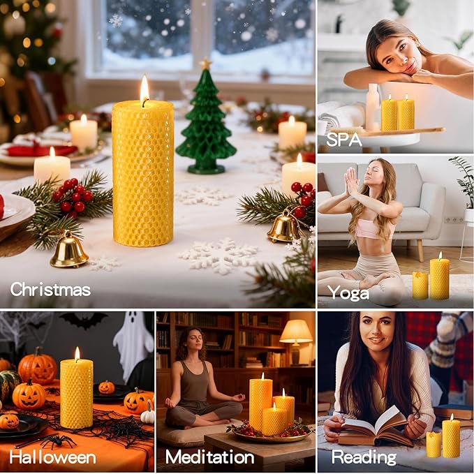 6 Pack Natural Beeswax Pillar Candles,2.8x6in Handmade Beeswax Rolled Candles,258 Hours Long Burning Honeycomb Bees Wax Candle for Gift & Home Decor,Dripless Smokeless Unscented