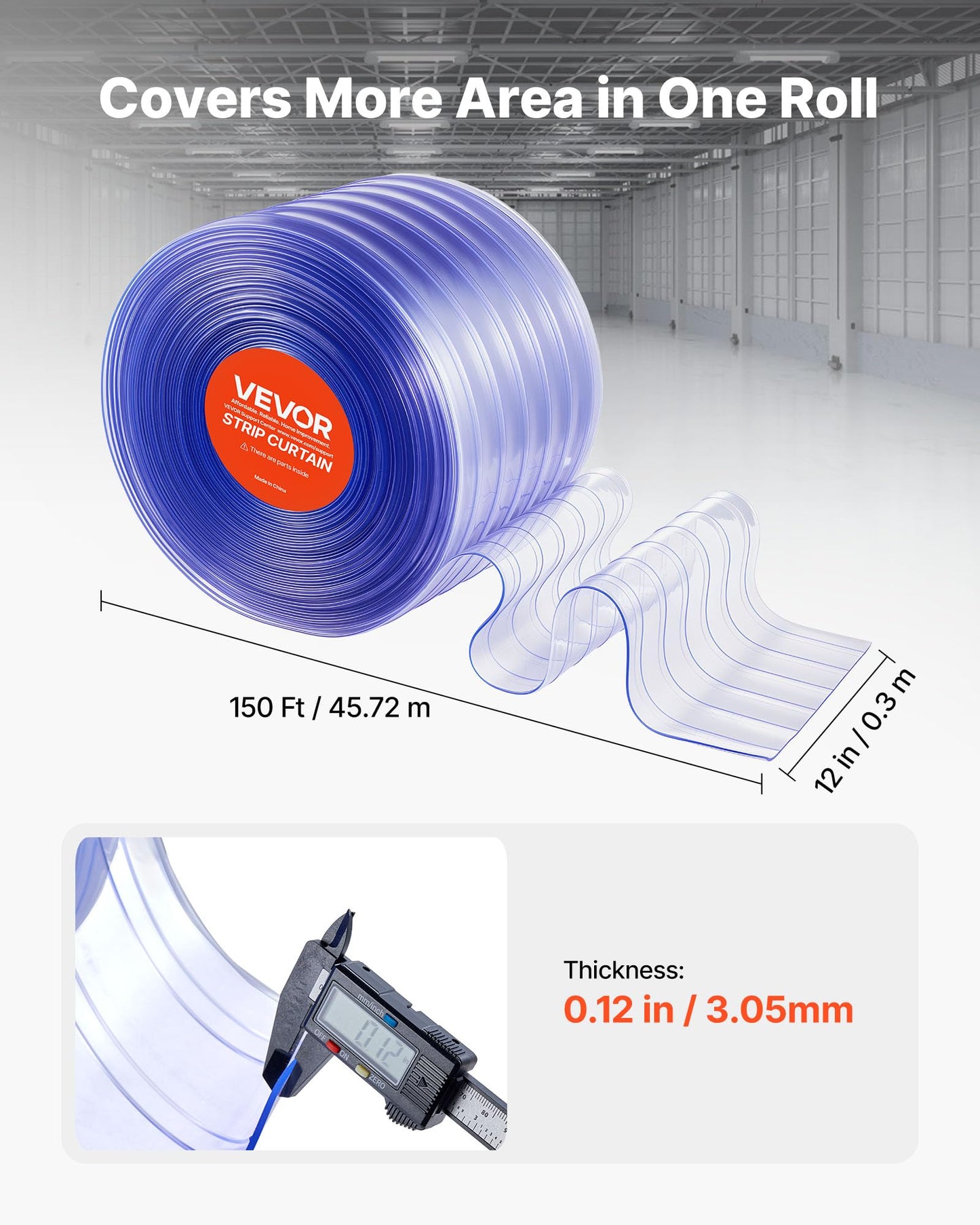 VEVOR Clear PVC Strip Curtain, 150 ft Length x 12 in Width, Ribbed Plastic Door Strip Bulk Roll, Walk in Freezer Cooler Curtain Strips for Doorways of Supermarket, Garage, Warehouse, Pet Animal House