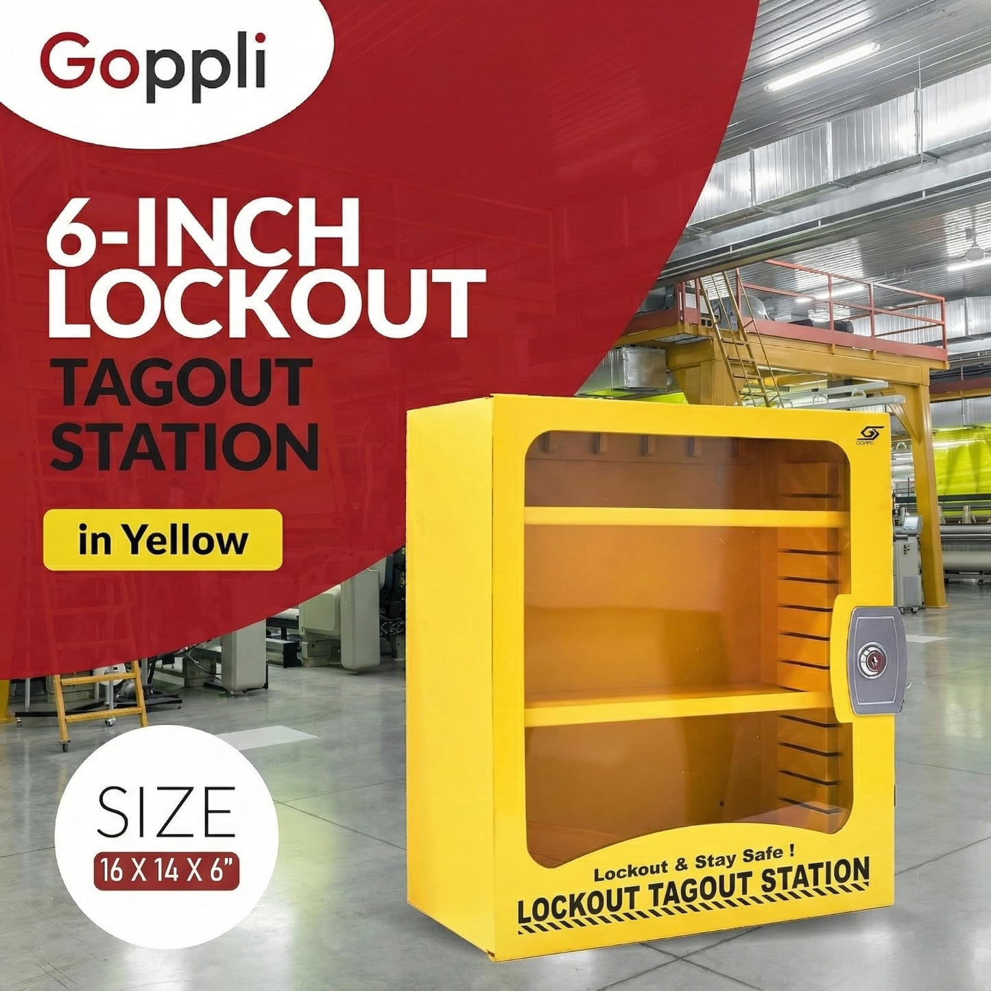 Goppli Lockout Tagout Kit Cabinet - Wall Mount Loto Station for Lock Out Tag Out Safety Locks, OSHA Compliant Steel Lockout Box with 2 Adjustable Shelves, Industrial Yellow Safety Cabinet Unfilled