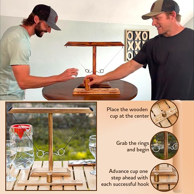 Ring Toss Game for Adults, Hook and Ring Game, Swinging String Hook & Ring Tabletop Battle Game, Outdoor & Indoor Game, Patio Décor Party Bar Game, Wooden Ring & Hook Game, Fun Games for Adults
