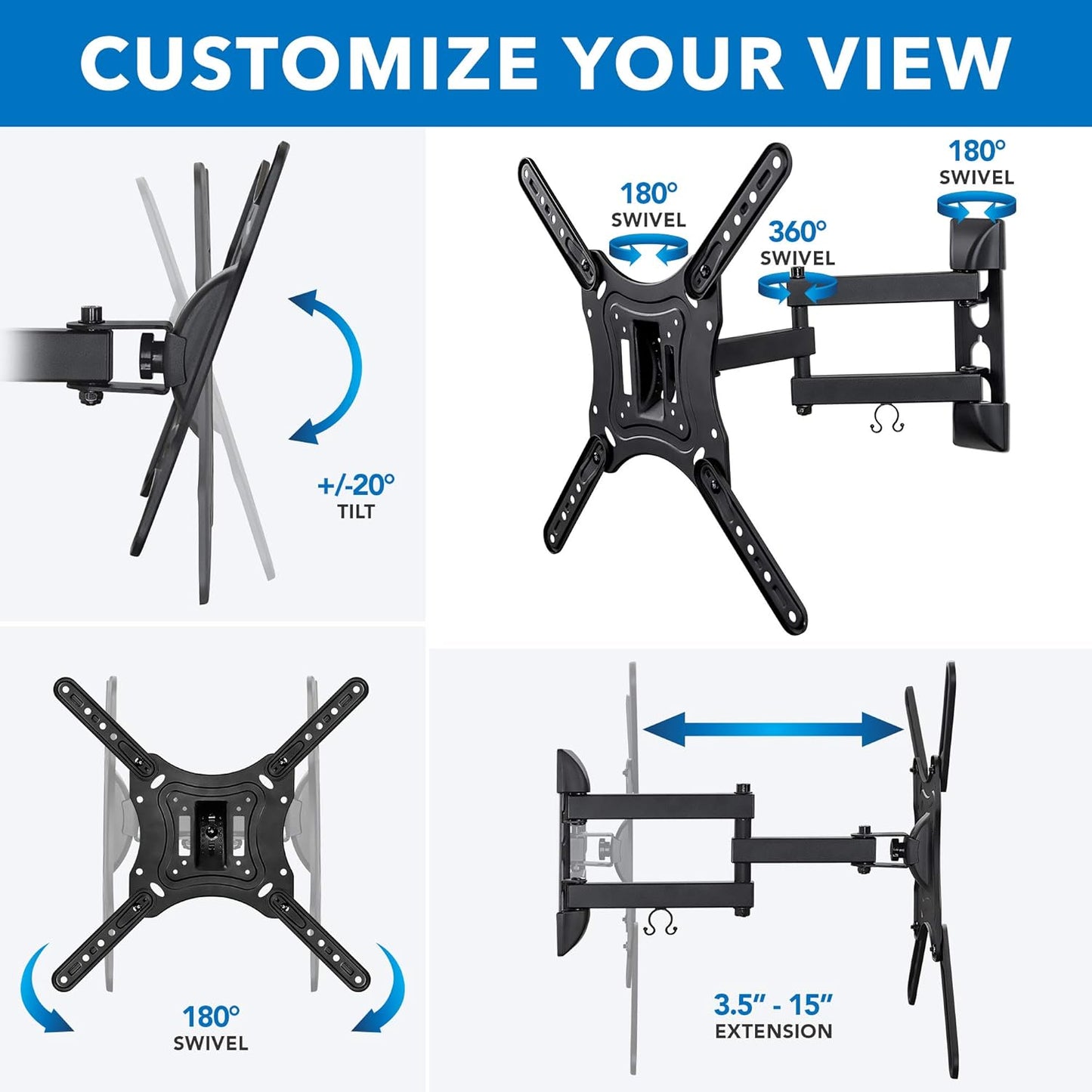 Mount-It! 2355 Inch 15.6 75x75 400x400 66 lb Full Motion Articulating TV Wall Mount for LED LCD OLED Flat Screen TVs |
