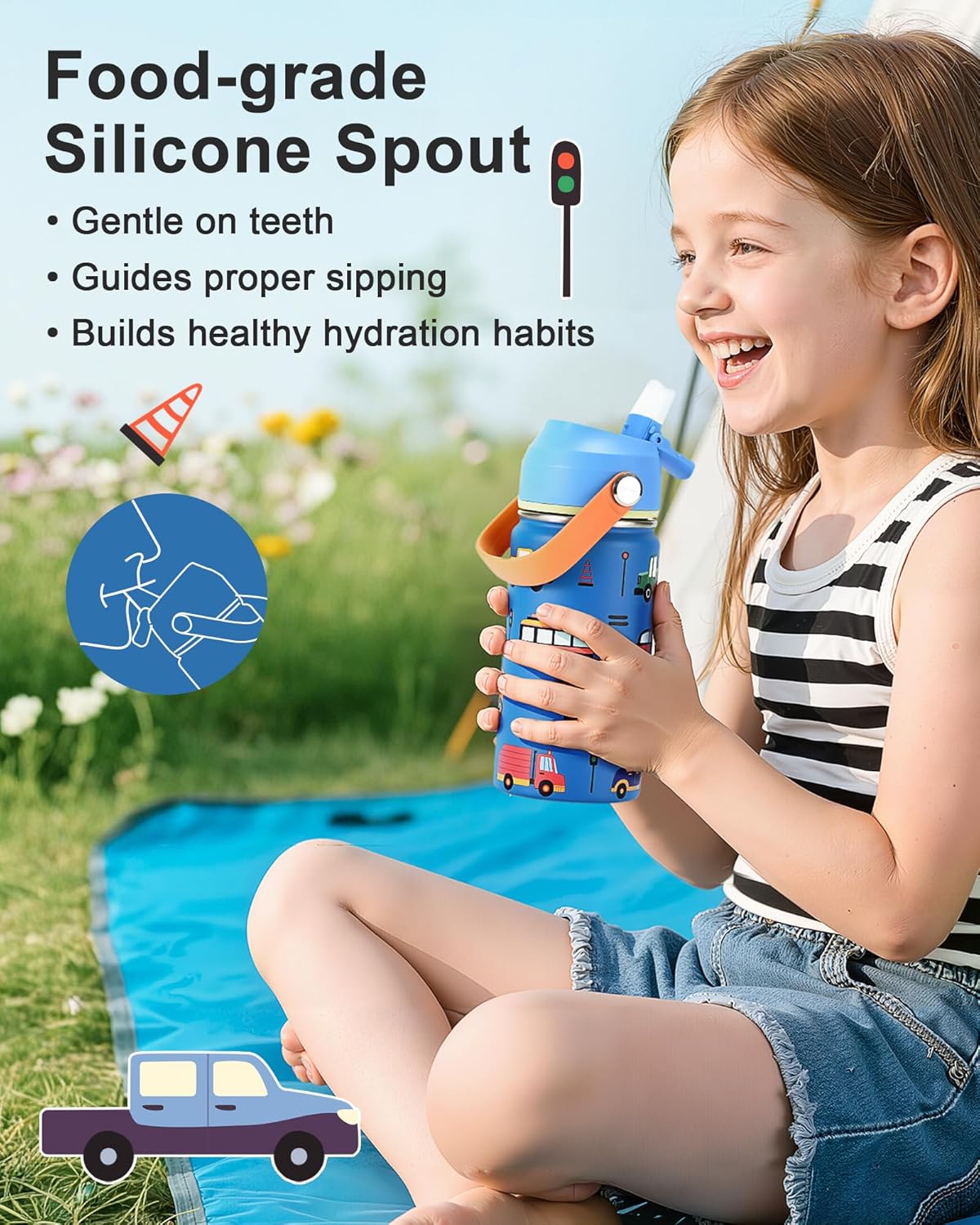 Skiennix Kids Water Bottle - Insulated 14oz Stainless Steel with Silicone Straw Lid | Leak-Proof Cars & Trucks Design, Custom Name Tag for School & Travel