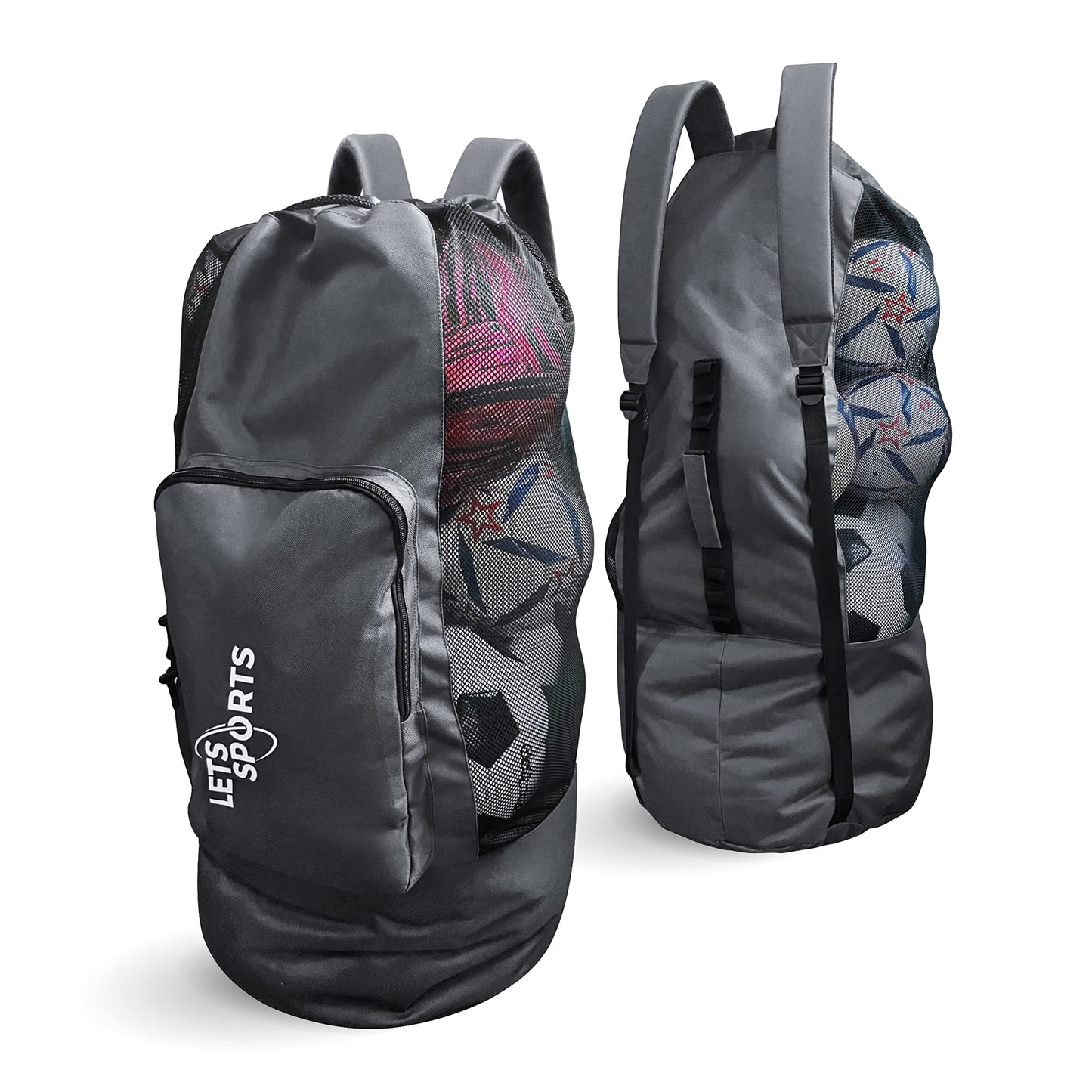 LETS Sports Soccer Ball Bag for Basketball, Volleyball & Football | Large Drawstring Ball Bags Mesh | Heavy-Duty Soccer Ball Bags for Coaches | Equipment Bag w/Shoulder Strap | 37" x 17" - Grey Black