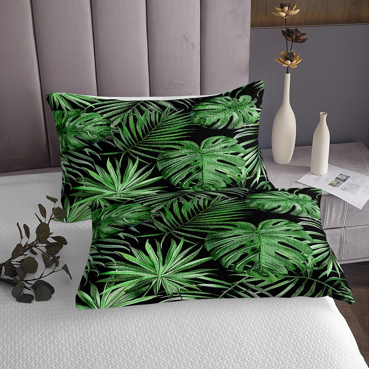 3 Piece Green Palm Leaves Quilt Bedding Set Women Aldult Lightweight Bedding Summer Tropical Bedspread Set Rainforest Bedspread Coverlet Soft Microfiber Home Quilt Set for King Bed All Season