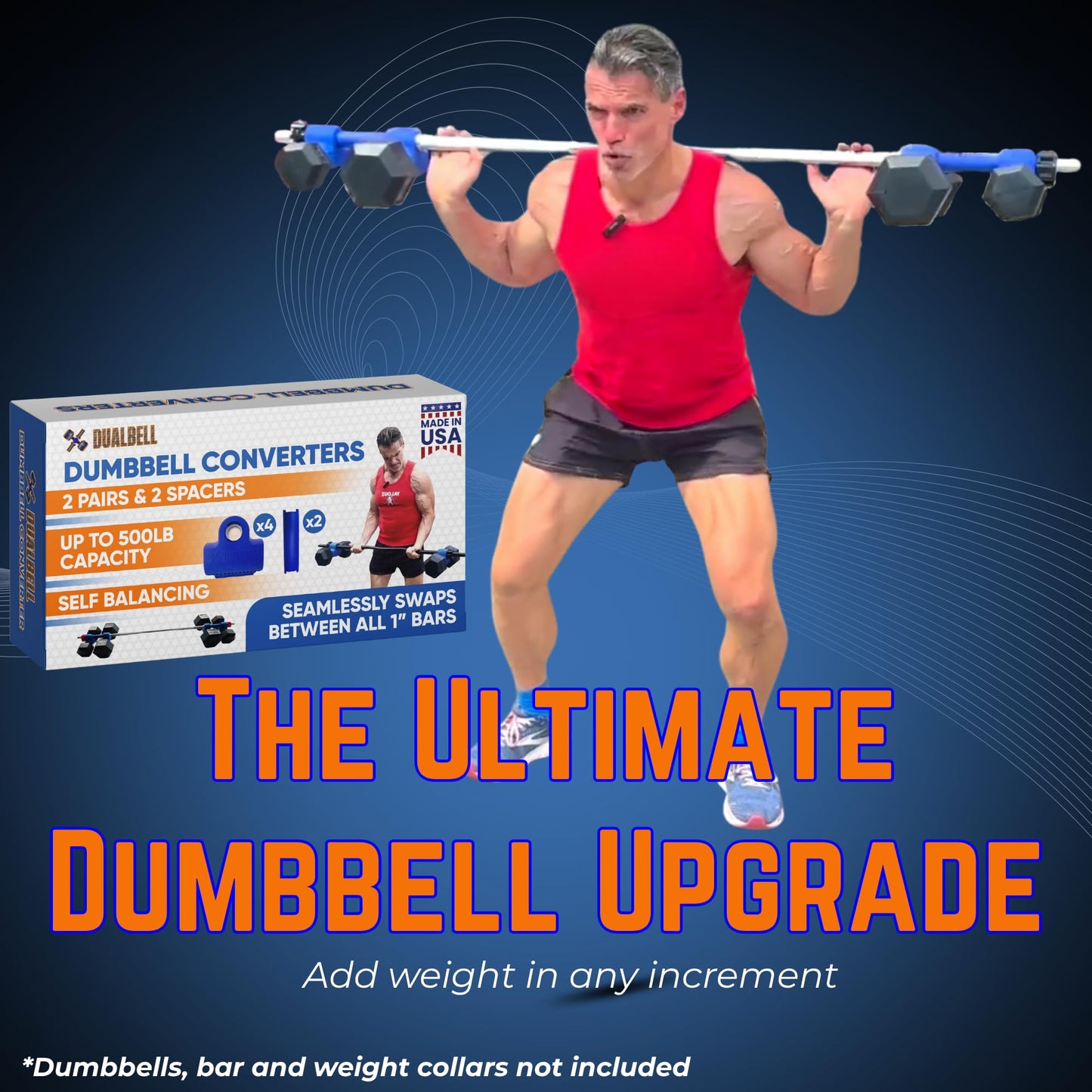DUALBELL Dumbbell Converters- for 1" bars- hold up to 500lbs- Dumbbell to Barbell Adapters - Connect dumbbells to a 1" (25mm) standard diameter bar to use in place of weight plates, (Blue)