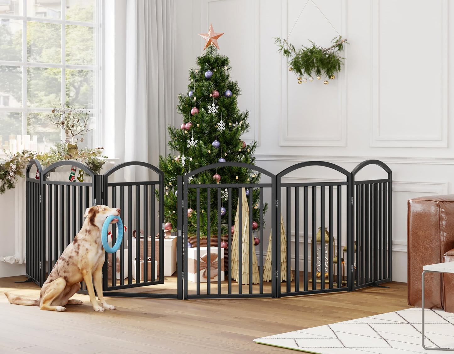THKKY Folding No-Assembly Freestanding Dog Gate with Door,32" Heights Foldable Pet Fence,144" Extra Wide Accordion Puppy Folding Playpen for Doorways,House,Stairs (6 Panels,Black)