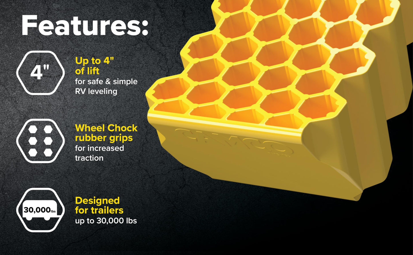 Camco Curved Camper/RV Leveler & Wheel Chock - Features Heavy Duty Honeycomb Design & Includes Non-Slip Rubber Grippers on Wheel Chock - Compatible w/Trailers Up to 30,000 lbs - 1-Pack (44423)
