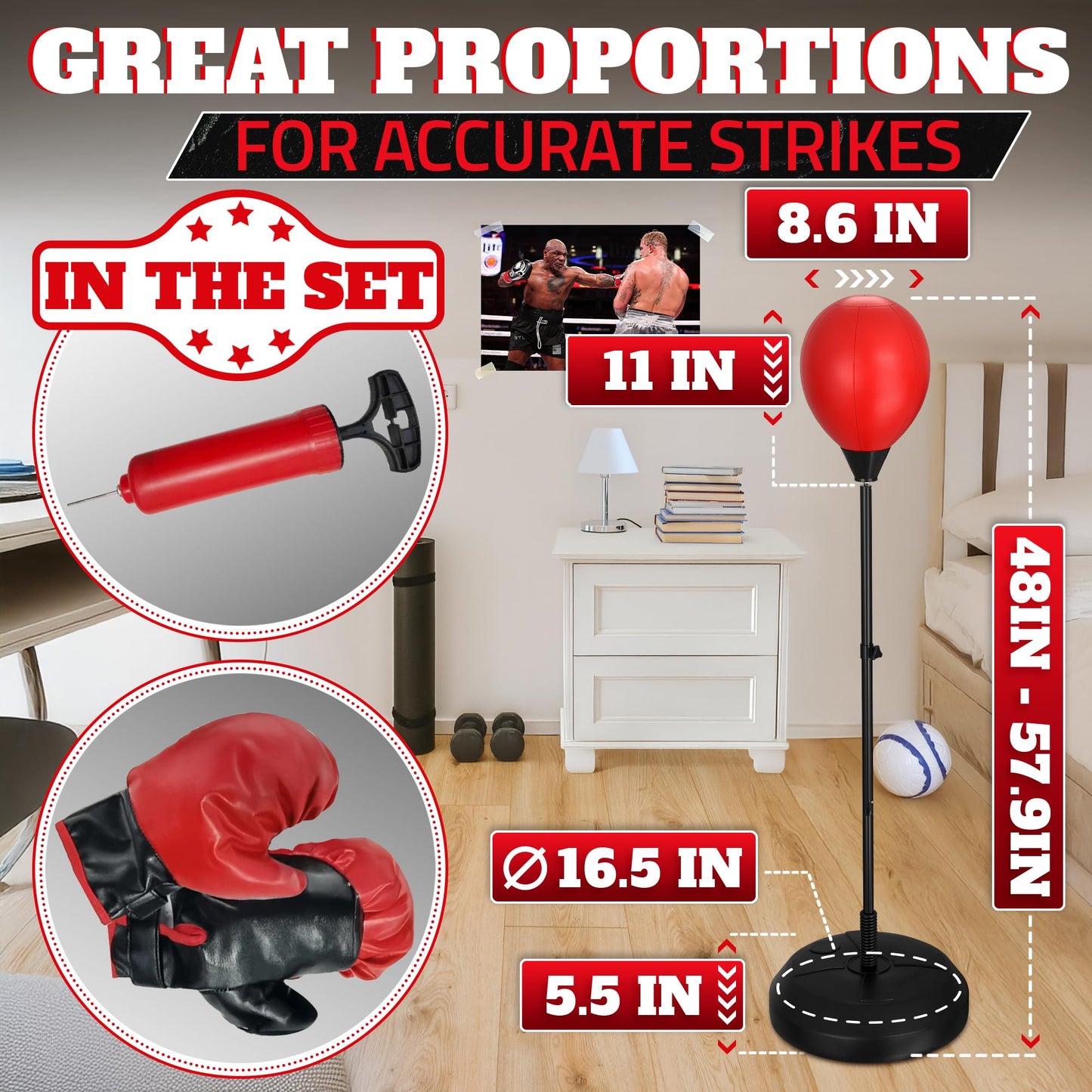 Adjustable Boxing Reflex Bag with Stand – 48"-58" Standing Punching Bag Kit with Gloves & Pump, Beginner Boxing Equipment for Training Coordination and Reaction Speed | Sport Gift for Home Workouts