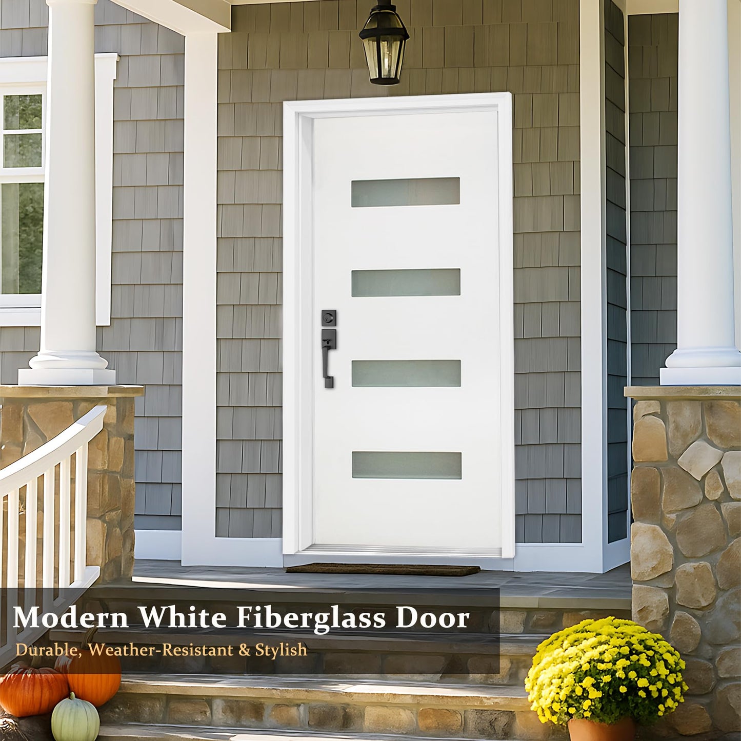 Fiberglass Exterior Front Door 36x80In, Right-Hand Inswing Featuring 4-Lite Frosted Glass White Primed Knock-Down Entry Door with Brickmould and Vinyl Frame