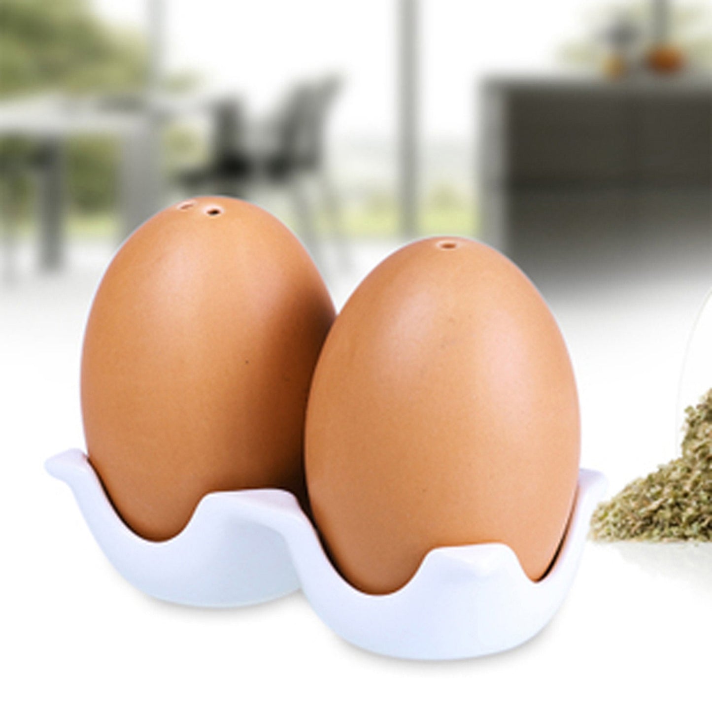 MyGift Ceramic Salt and Pepper Shaker Set, Mini Brown Egg Shaped Shakers with Carton Design Holding Stand, 3 Piece