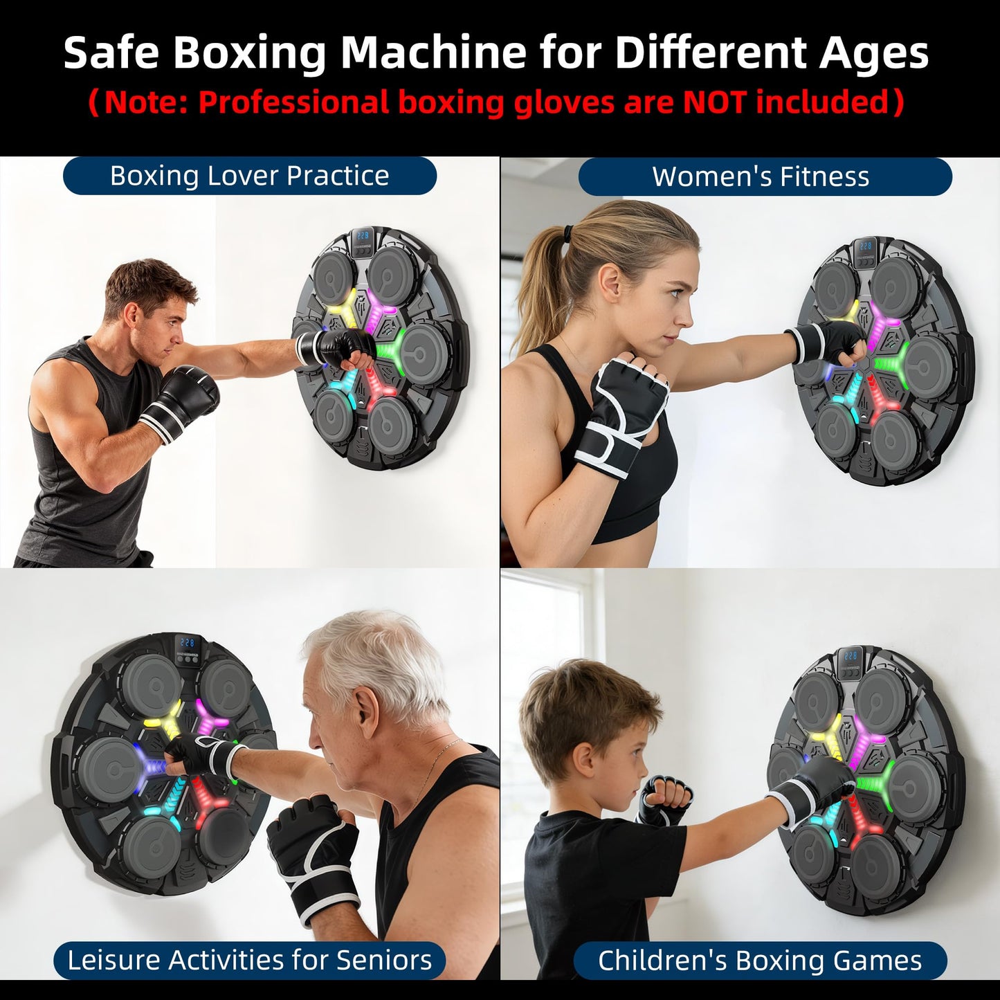 Music Boxing Machine for Kids, Wall Punching Pad with Gloves, 3 Speed Modes, Bluetooth, Smart, Beat Lights, Home Workout Training Boxing Equipment Sport Toys for Boys Girls Teen and Adults