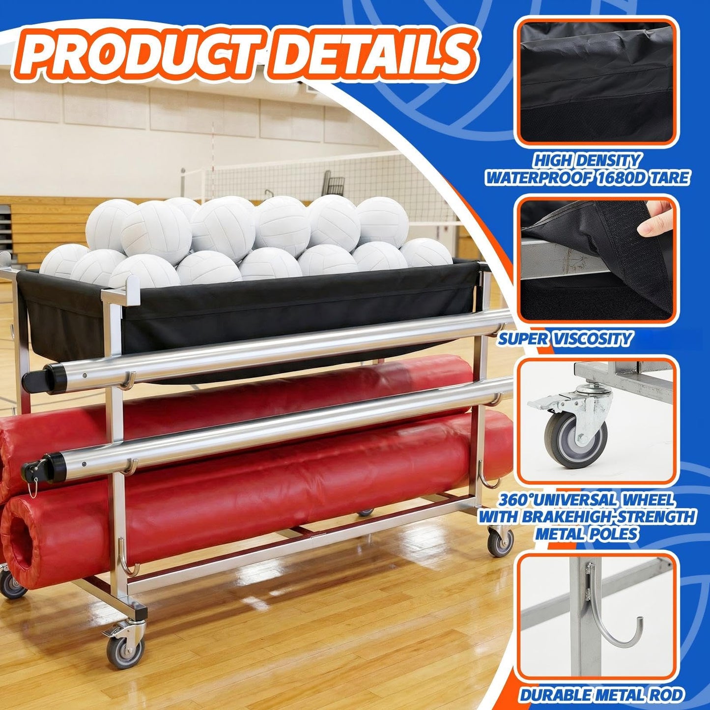Datanly Volleyball Equipment Cart with Wheels 60 Inch Heavy Duty Volleyball Gear Storage Trolley with Removable Polyester Baskets Grey Portable Ball Cart for Balls Pads Nets Training Aids