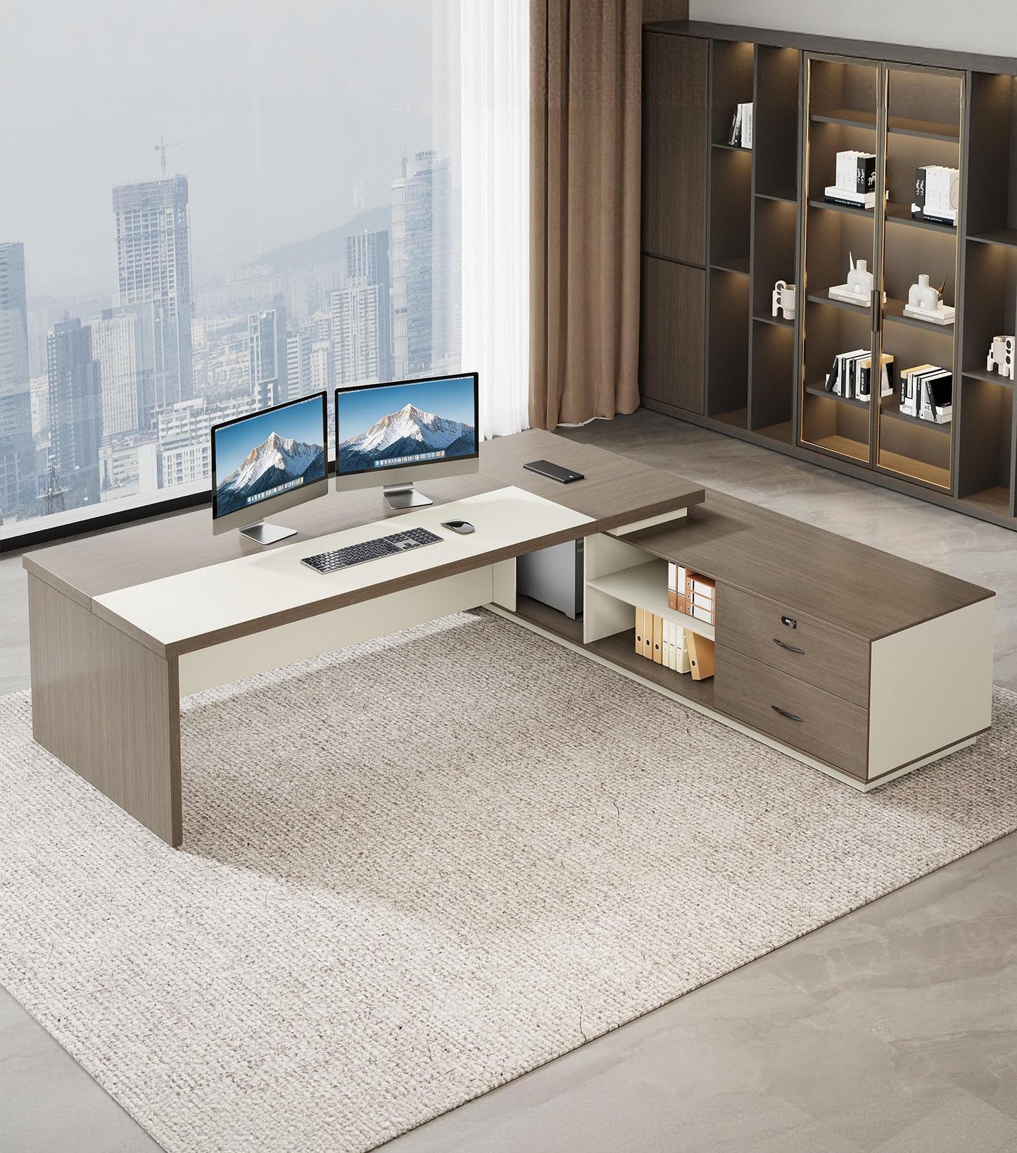 Anzhap 79" L-Shaped Executive Desk with Drawers, Large Modern Office Desk with Storage Shelves, LED Lighting, Built-in Outlet & USB Ports – Home Office Desk (Smoked Oak & Cream White, Right Return)