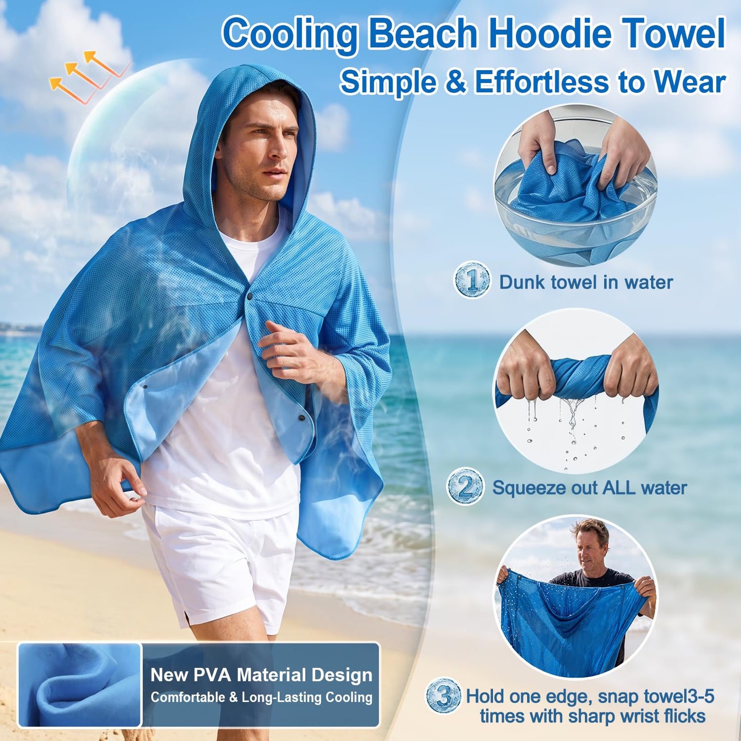 MBVOICO Cooling Hooded Beach Towel Cloak for Men Women - Double Layer PVA Fabric Cool Towel Cape, Instant Cooling Soft Ice Towelfor Beach Yoga Camping (Blue)