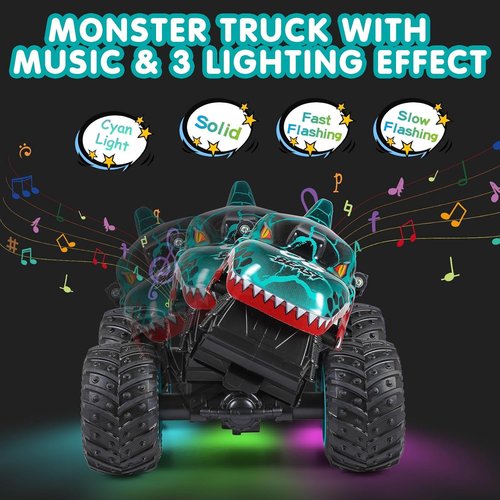 DYODYORC Remote Control Car - 2.4GHz All-Terrain Dinosaur Monster Truck with Music & Lights | 360 Stunt Capable, 2 Batteries, Cyan