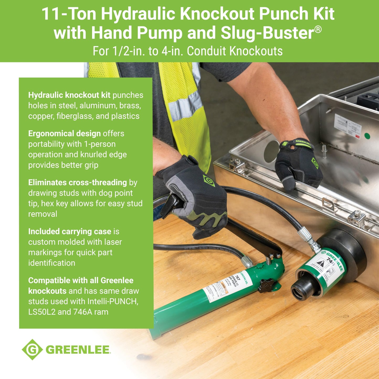Greenlee 7310SB 11-Ton Hydraulic Knockout Punch Kit with Hand Pump, Ram, 1/2" to 4" Slug-Buster Punches, Dies, and Hydraulic Draw Studs, Electrical Conduit Hole Cutter Kit