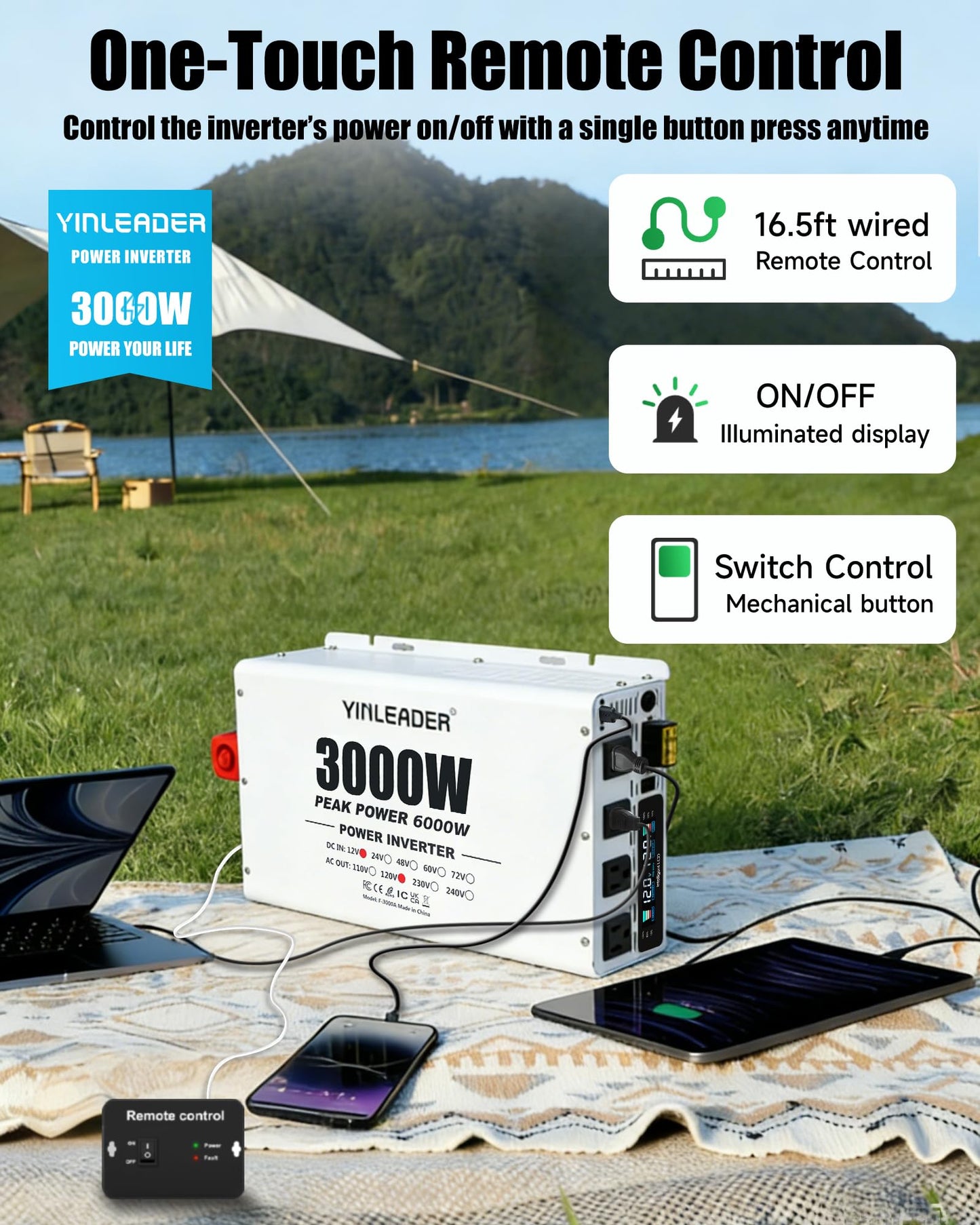 3000W Power Inverter 12V to 110V/120V, Solar Inverter Remote for RV Camping Off-Grid Solar Inverter Systems
