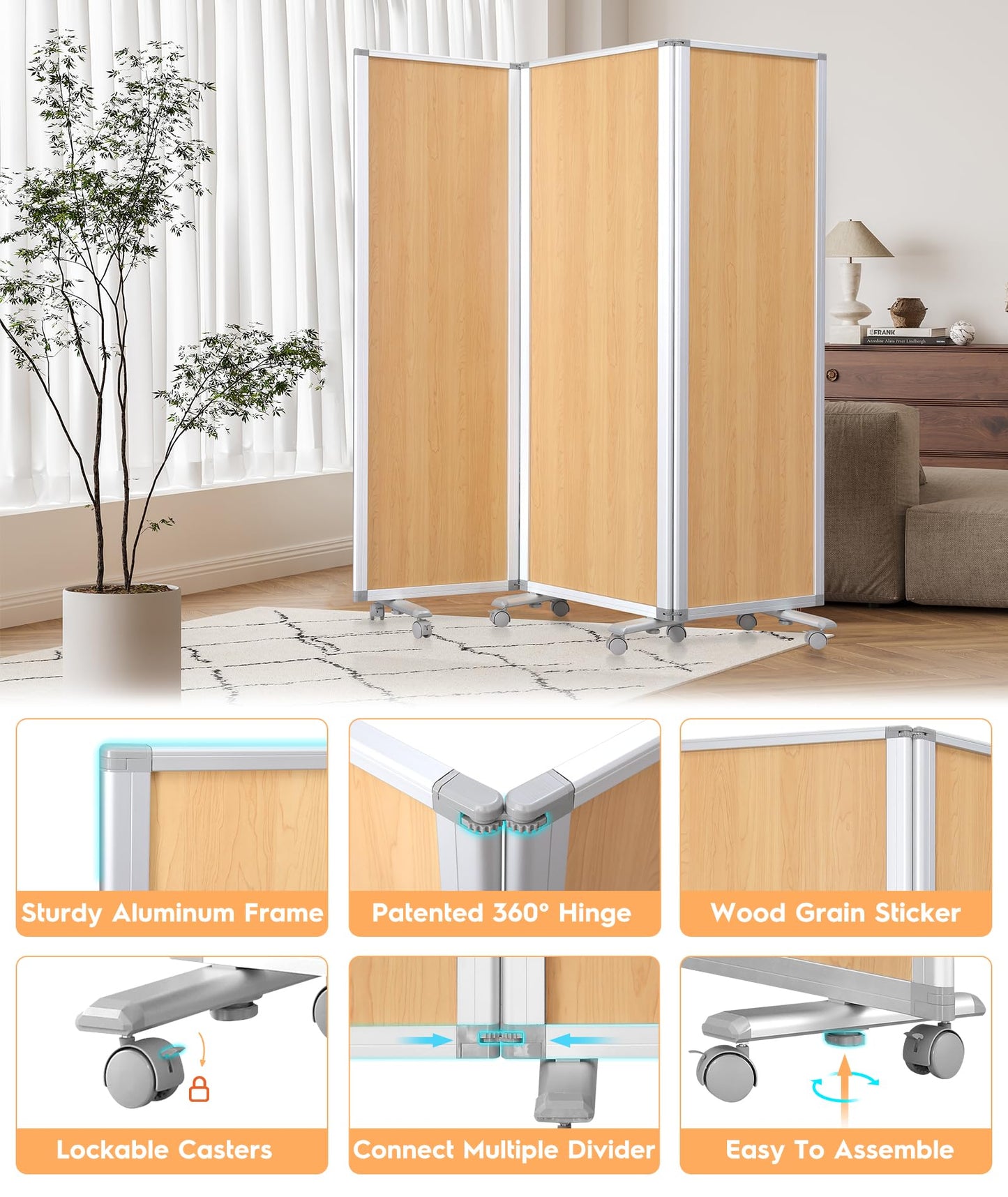 SWANCROWN Folding Office Partition 3-Panel Room Divider 71x71 in, Sliding Privacy Screen Portable Temporary Wall for Cubicle, Studio & Home Office, Wood Grain