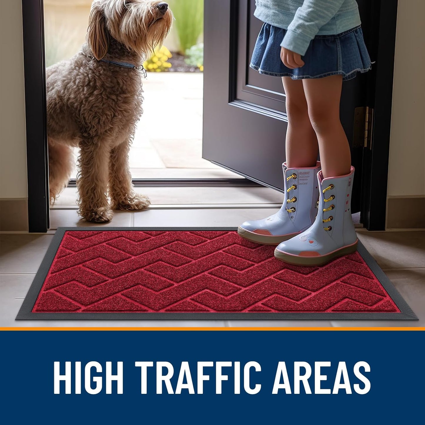 OLANLY Waterproof Front Door Mat - All-Season Herringbone Design, Easy Clean Natural Rubber | Wine Red, 29.5x17