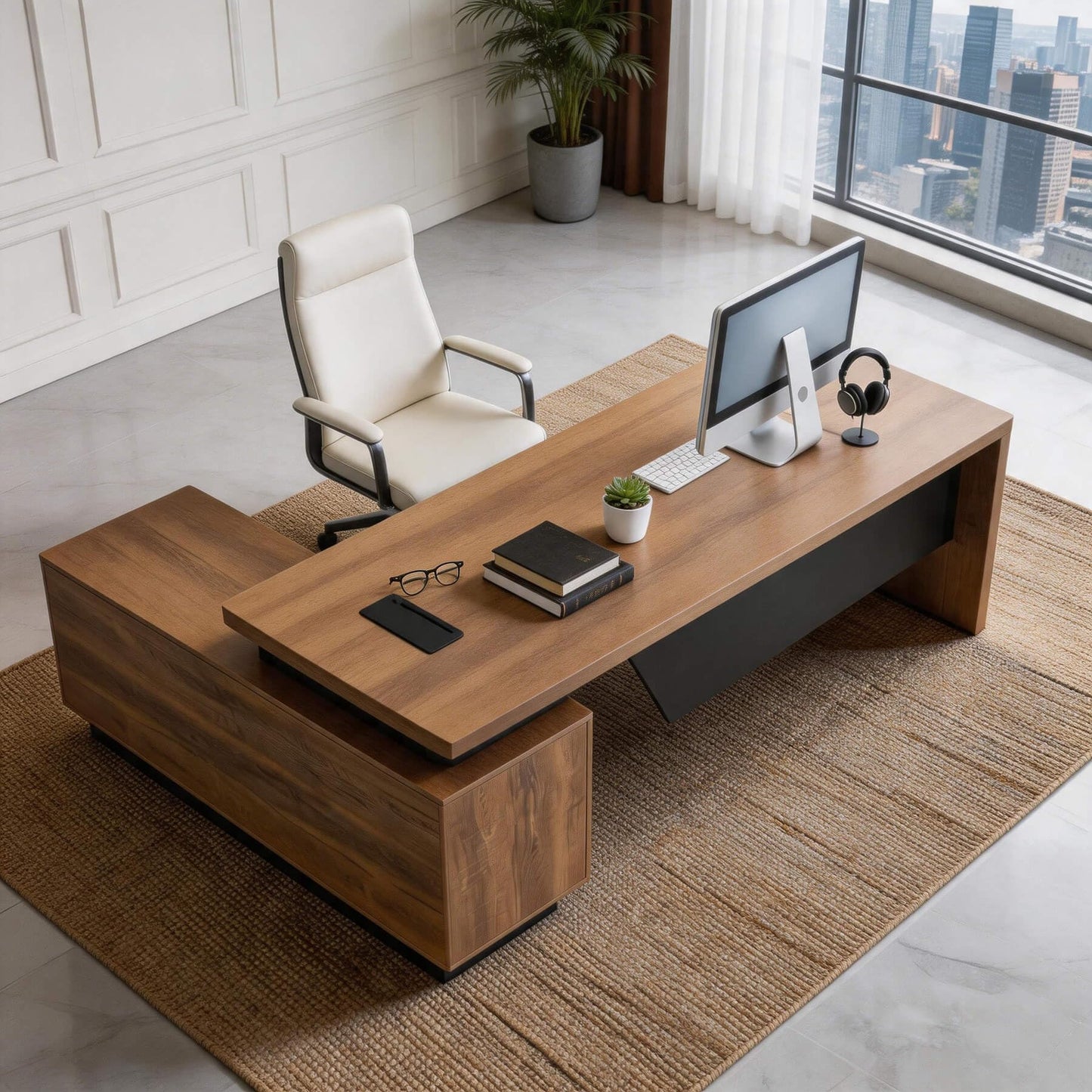 Retractable L-Shaped Executive Desk, Modern Office Desk with Locking Drawers and File Cabinet, Large Computer Desk with Storage Shelves, Workstation for Home Office (Right Return, 70.86 - 78.7 IN)