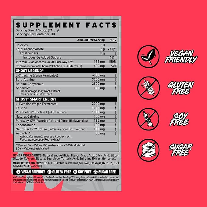 GHOST Legend Pre-Workout Powder, Blue Raspberry - 30 Servings ??Pre-Workout for Men & Women with Choline, L-Citrulline, & Beta Alanine for Energy & Focus