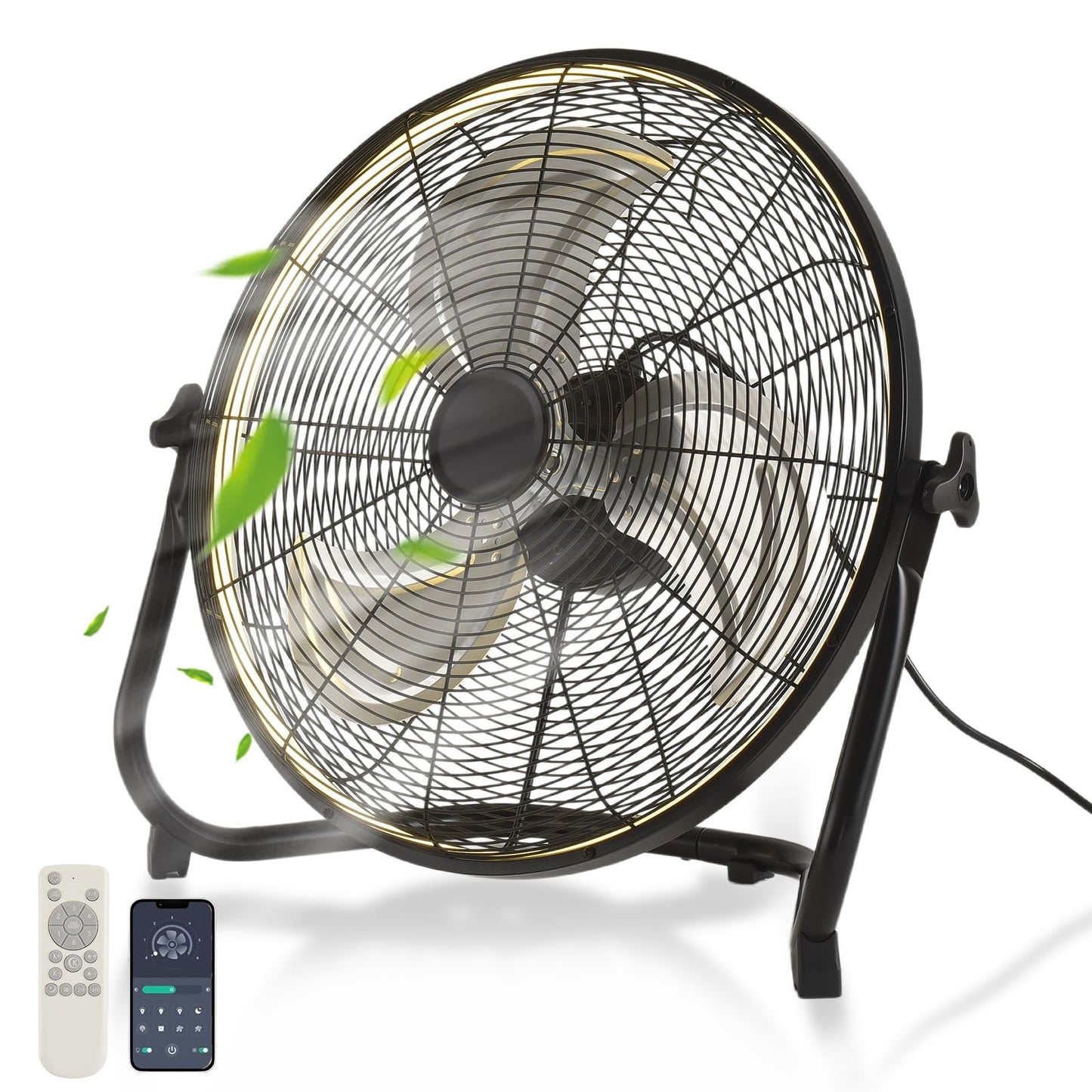 AHAWILL 20" High Velocity Metal 6-Speed Floor Fan,Plug-in 3CCT Industrial Fan with Light & Back Panel Buttons,360° Tilt & Reversible,Wall Mountable,Anti-Vibration for Garage,Warehouse,Shop,Gym