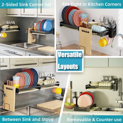Besamery Hanging Wall Mounted Dish Drying Rack with Cutting Board Rack*1, Hook*4, Drain Tray*2, Apartment & RV Wall Mounted Dish Rack, Adhesive Mountable, Mounted Length: 31.8", Washable (Black)