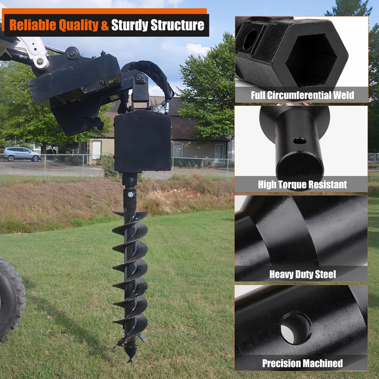 Heavy Duty 2" Hex Female to 2" Round Male Auger Adapter - Cast Steel Fully Welded for Earth Auger, Post Hole Digger - Fits 2" Male Hex Power Head & 2" Female Round Auger