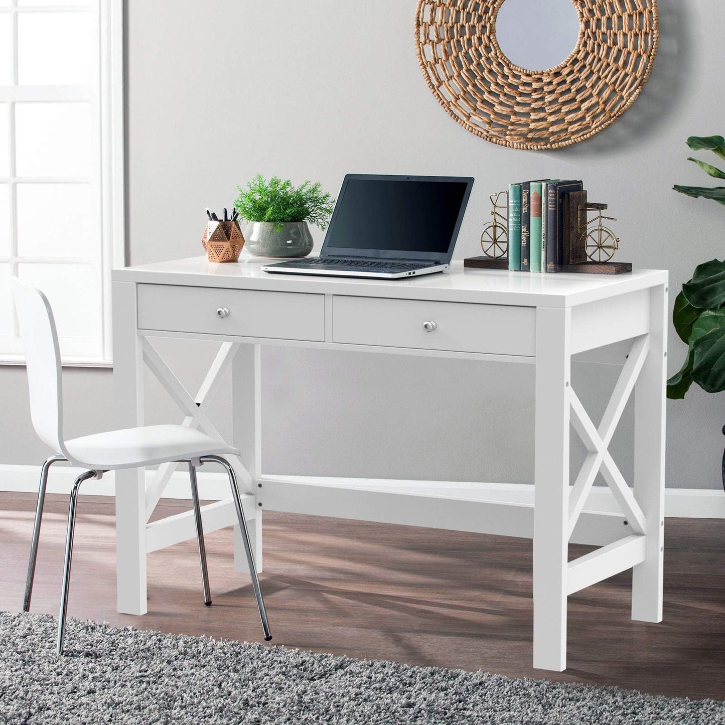 ChooChoo Computer Desk Study for Home Office, Modern Simple 40 Inches Desk with Drawers, Makeup Vanity Console Table, White
