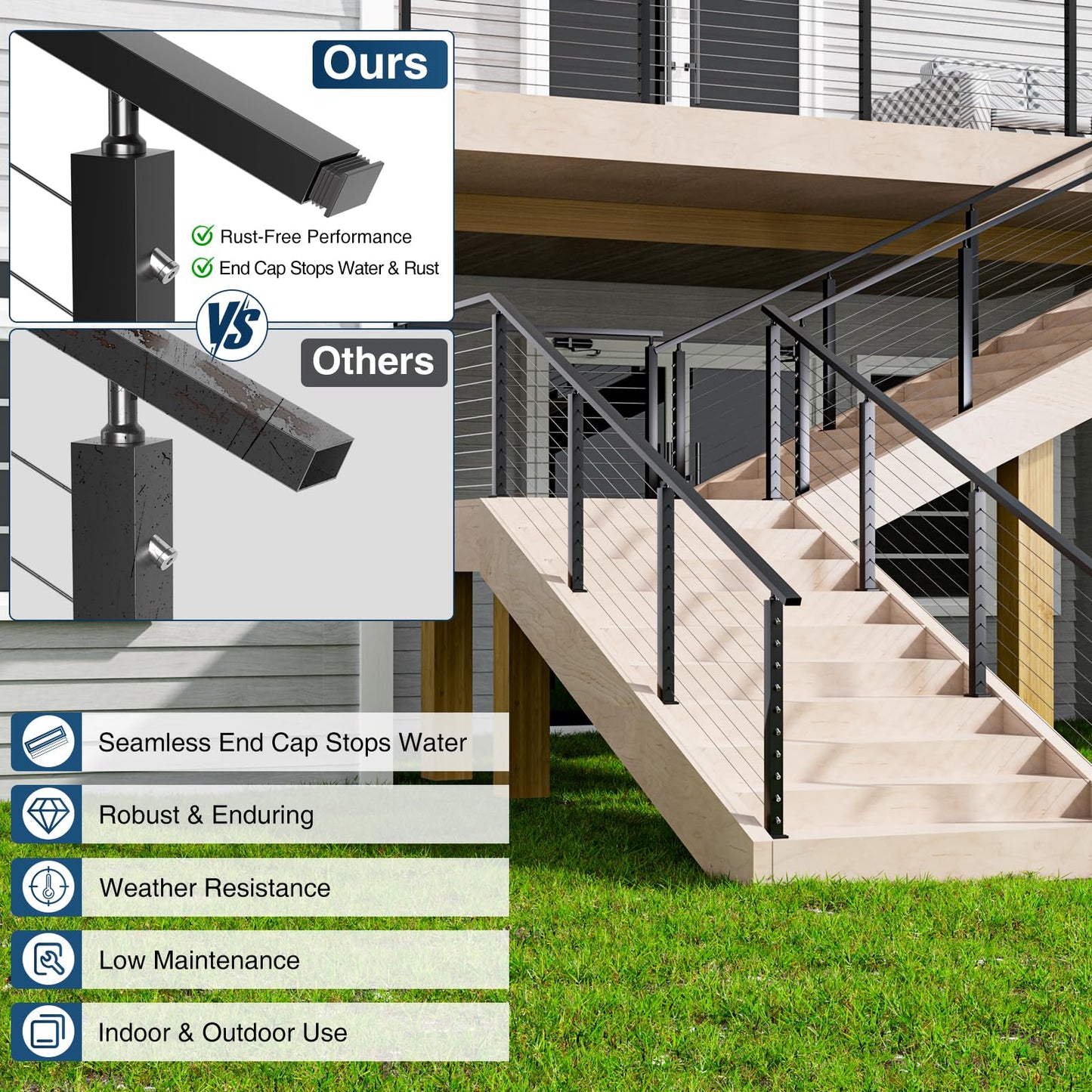 Gyykzz 12FT Stainless Steel T304 Black Handrail, 3 Pack Rectangular Cuttable Handrail Flat Top Rail 2-3/8"x1-3/16 with Nylon End Caps for Indoor Outdoor Deck Stair Cable Railing System DIY Balustrade