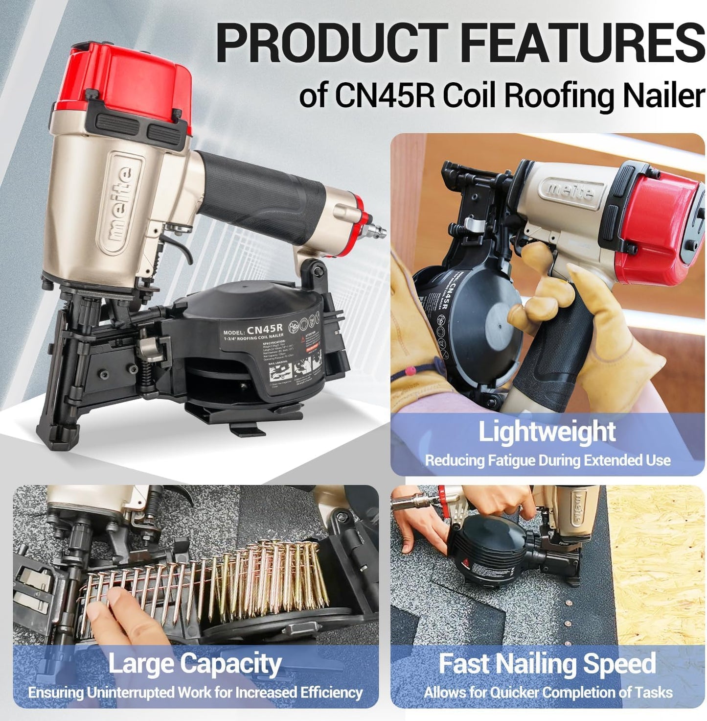 meite CN45R Coil Roofing Nailer 15 Degree Pneumatic Nail Gun for Asphalt Shingles Underlayment Decking Roof Repair, Air Roofing Nail Gun with Tool-Free Depth Adjustment Accepts 7/8" to 1-3/4" Nails