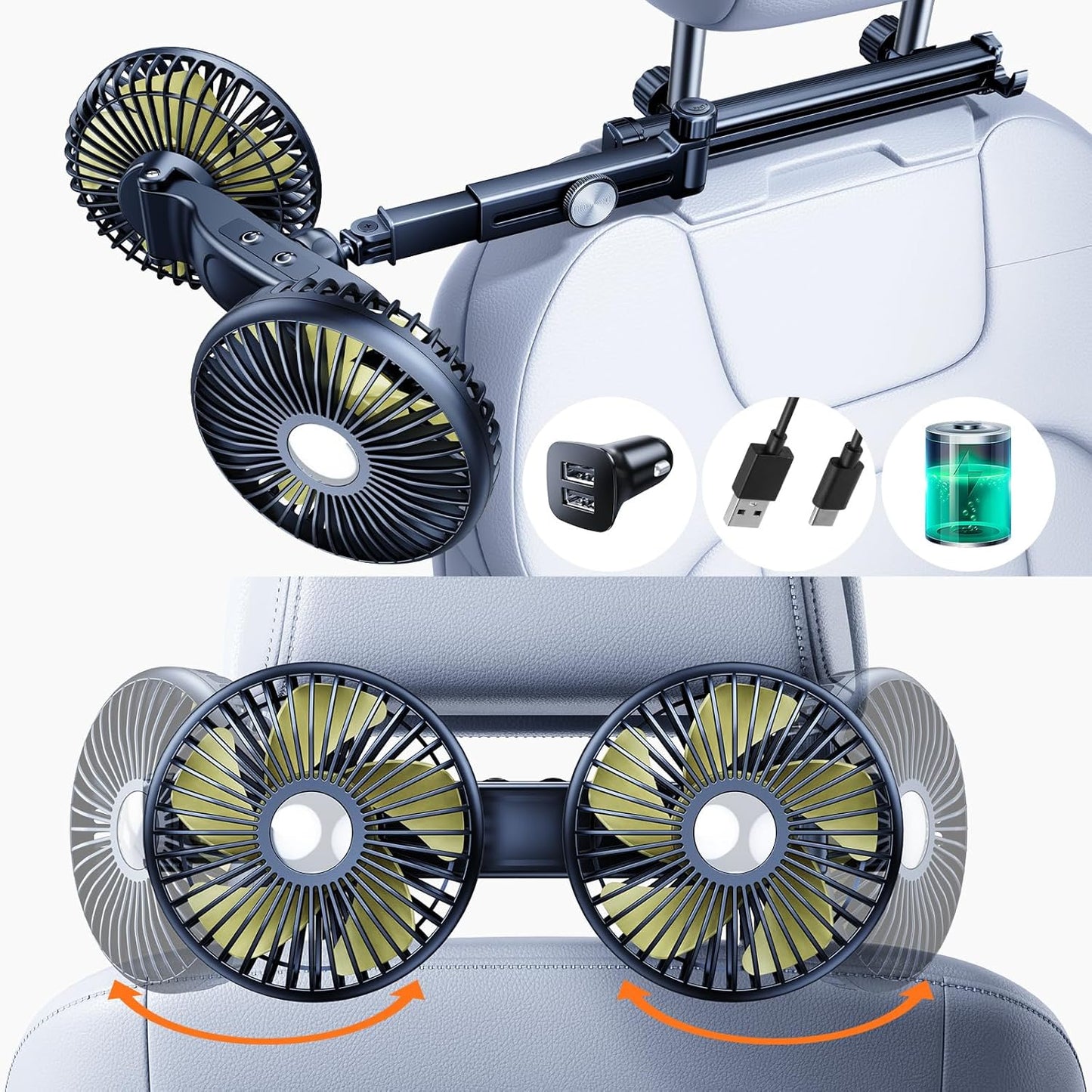 Cable*1] Battery Fan for Car Backseat Kids with Retractable Long Arm, Rechargeable Car Seat Fan That Blow Cold Air