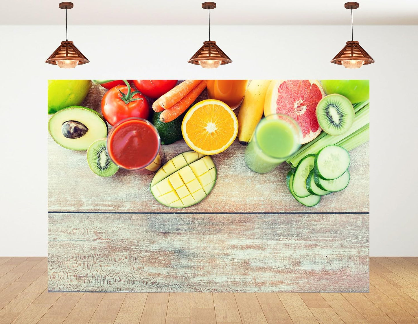 KeyWork 10x8ft Fresh Fruit Smoothie Backdrop Colorful Produce Wooden Table Photography Background for Healthy Themed
